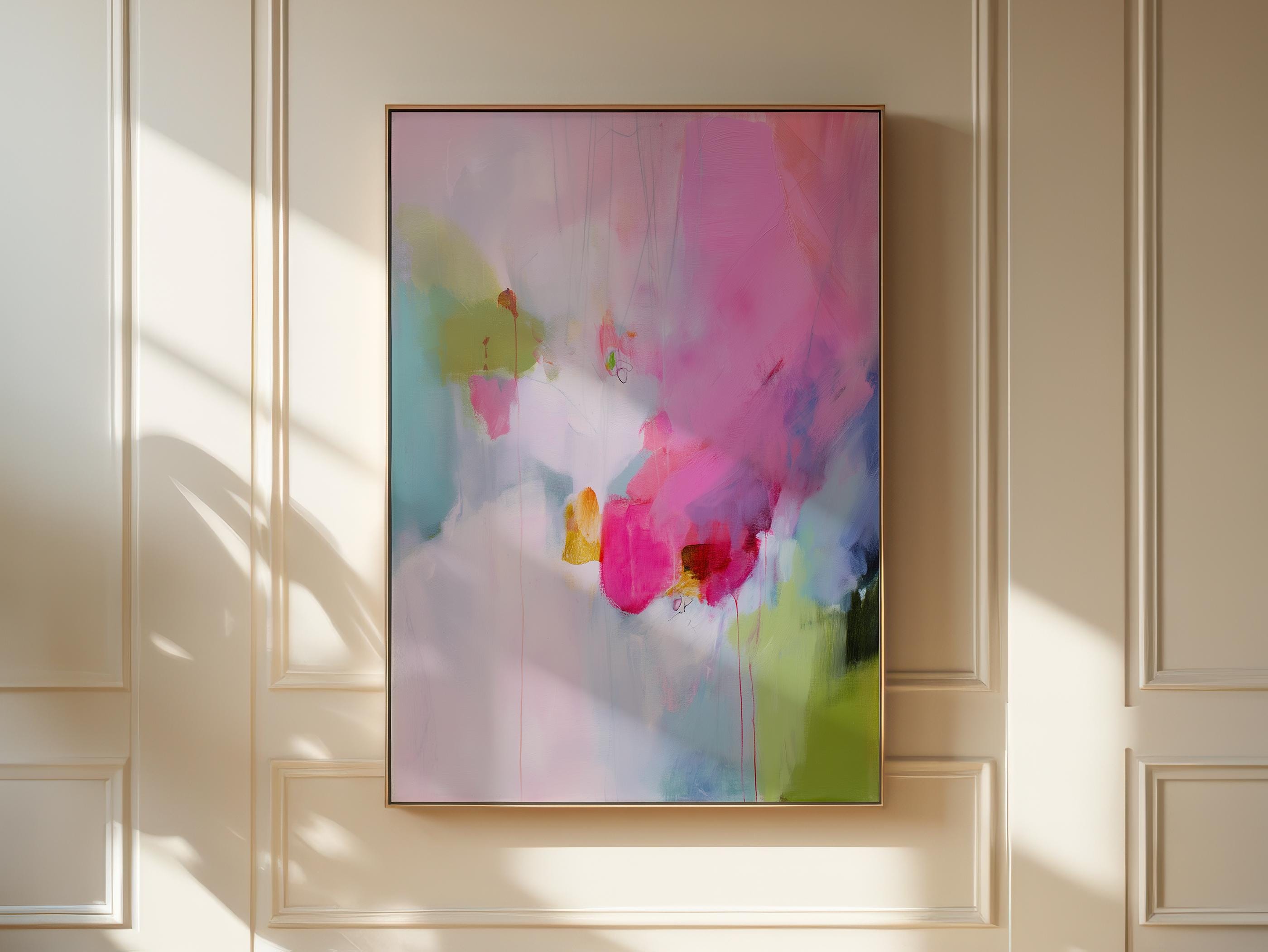 Framed Abstract Canvas Art Vertical Pink Green Painting Colorful Modern Wall Decor for Bedroom or Office | 423 Colorful abstract art print on framed canvas, perfect for vibrant wall decor, modern home design, office decor, and staging projects. Large statement art featuring bold brushstrokes and colorful texture. Ready-to-hang giclée canvas adds energy to any living space.