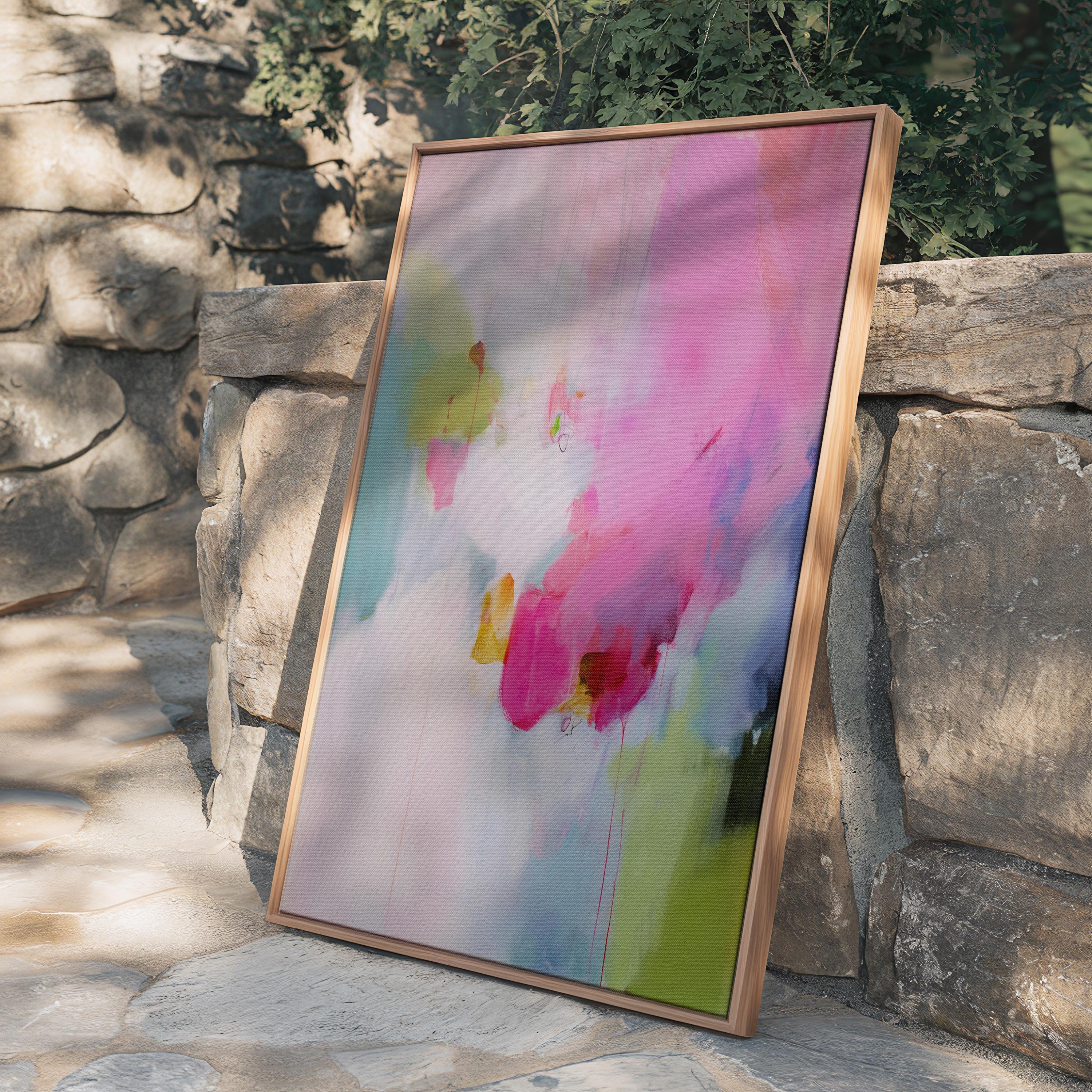 Colorful abstract art print on framed canvas, perfect for vibrant wall decor, modern home design, office decor, and staging projects. Large statement art featuring bold brushstrokes and colorful texture. Ready-to-hang giclée canvas adds energy to any living space. Framed Abstract Canvas Art Vertical Pink Green Painting Colorful Modern Wall Decor for Bedroom or Office | 423