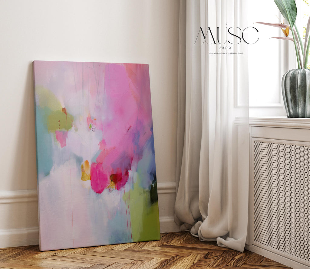 Muted Modern Canvas Art Vertical Abstract Painting in Pink Green Soft Contemporary Wall Decor for Bedroom or Office | 425 Large colorful abstract art print on stretched canvas, gallery-wrapped and ready to hang. Perfect for vibrant wall decor in homes, modern offices, and staging projects. Giclée canvas print featuring bold brushstrokes, expressive color, and modern statement style.