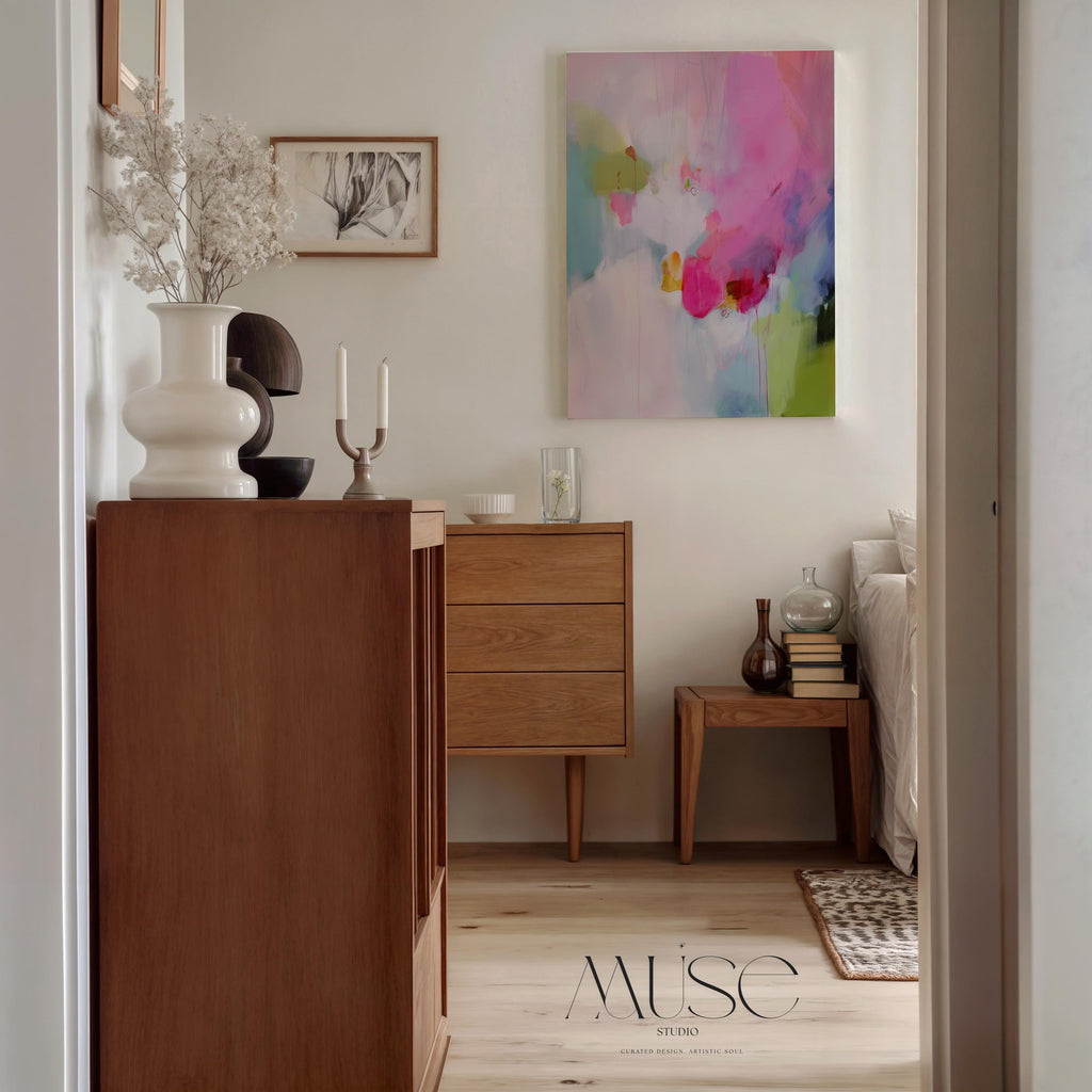 Muted Modern Canvas Art Vertical Abstract Painting in Pink Green Soft Contemporary Wall Decor for Bedroom or Office | 425 Colorful abstract wall art staged in modern neutral home decor. Large statement art print displayed in living room, bedroom, or office space. Vibrant canvas or giclée print adds bold style to contemporary interiors, perfect for home decor, office staging, and design projects