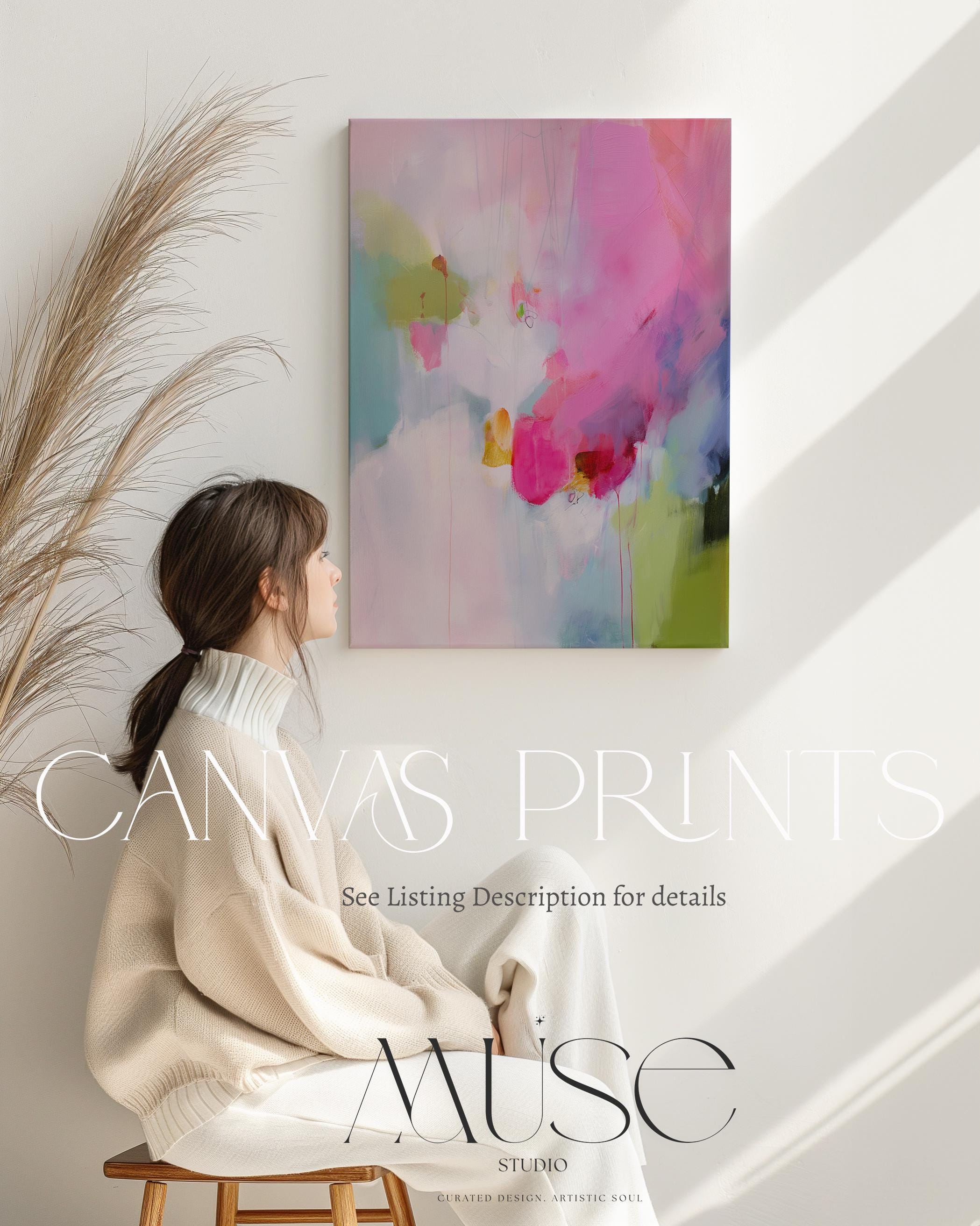 Muted Modern Canvas Art Vertical Abstract Painting in Pink Green Soft Contemporary Wall Decor for Bedroom or Office | 425 Colorful abstract wall art staged in modern neutral home decor. Large statement art print displayed in living room, bedroom, or office space. Vibrant canvas or giclée print adds bold style to contemporary interiors, perfect for home decor, office staging, and design projects