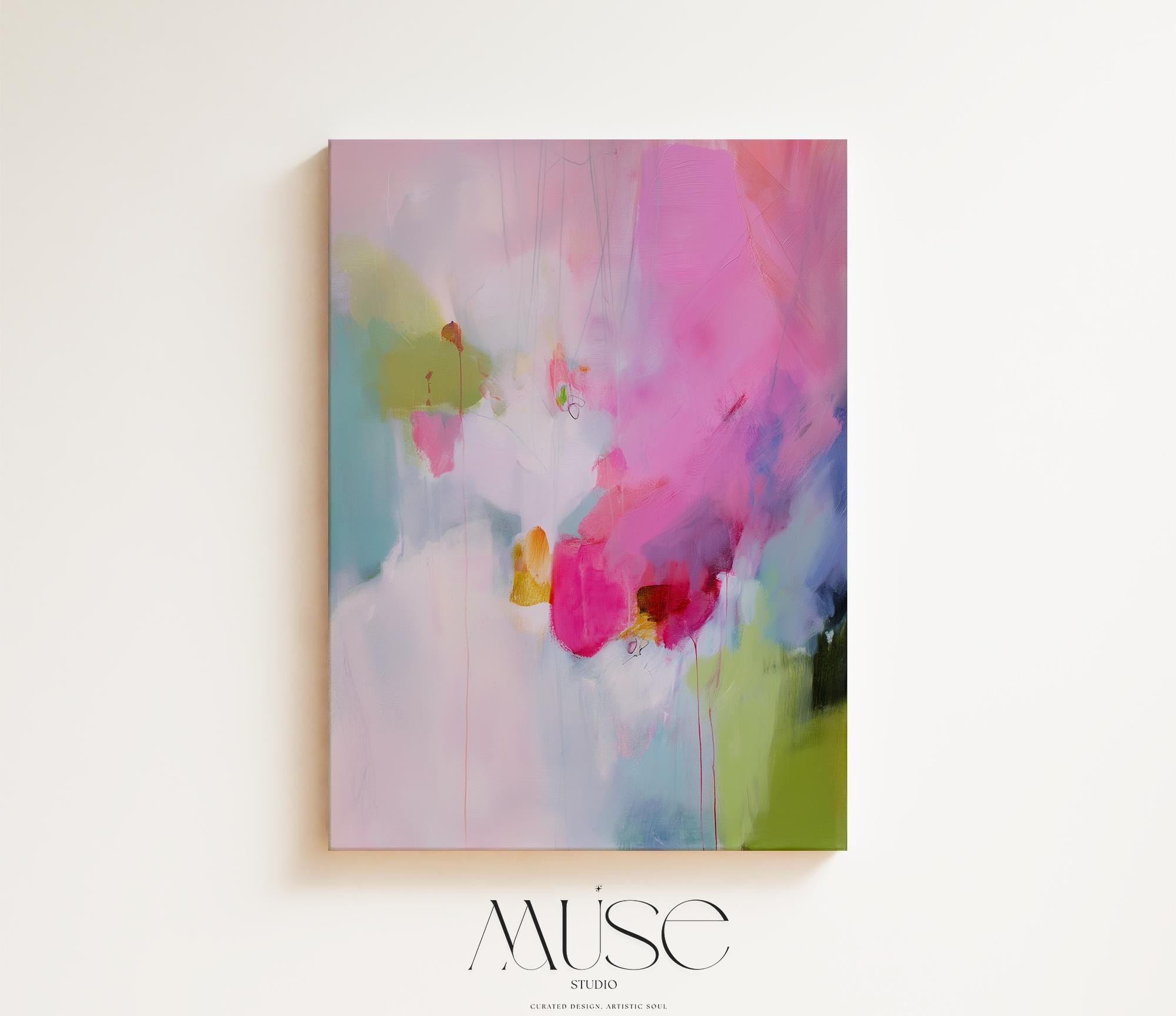 Large colorful abstract art print on stretched canvas, gallery-wrapped and ready to hang. Perfect for vibrant wall decor in homes, modern offices, and staging projects. Giclée canvas print featuring bold brushstrokes, expressive color, and modern statement style. Muted Modern Canvas Art Vertical Abstract Painting in Pink Green Soft Contemporary Wall Decor for Bedroom or Office | 425