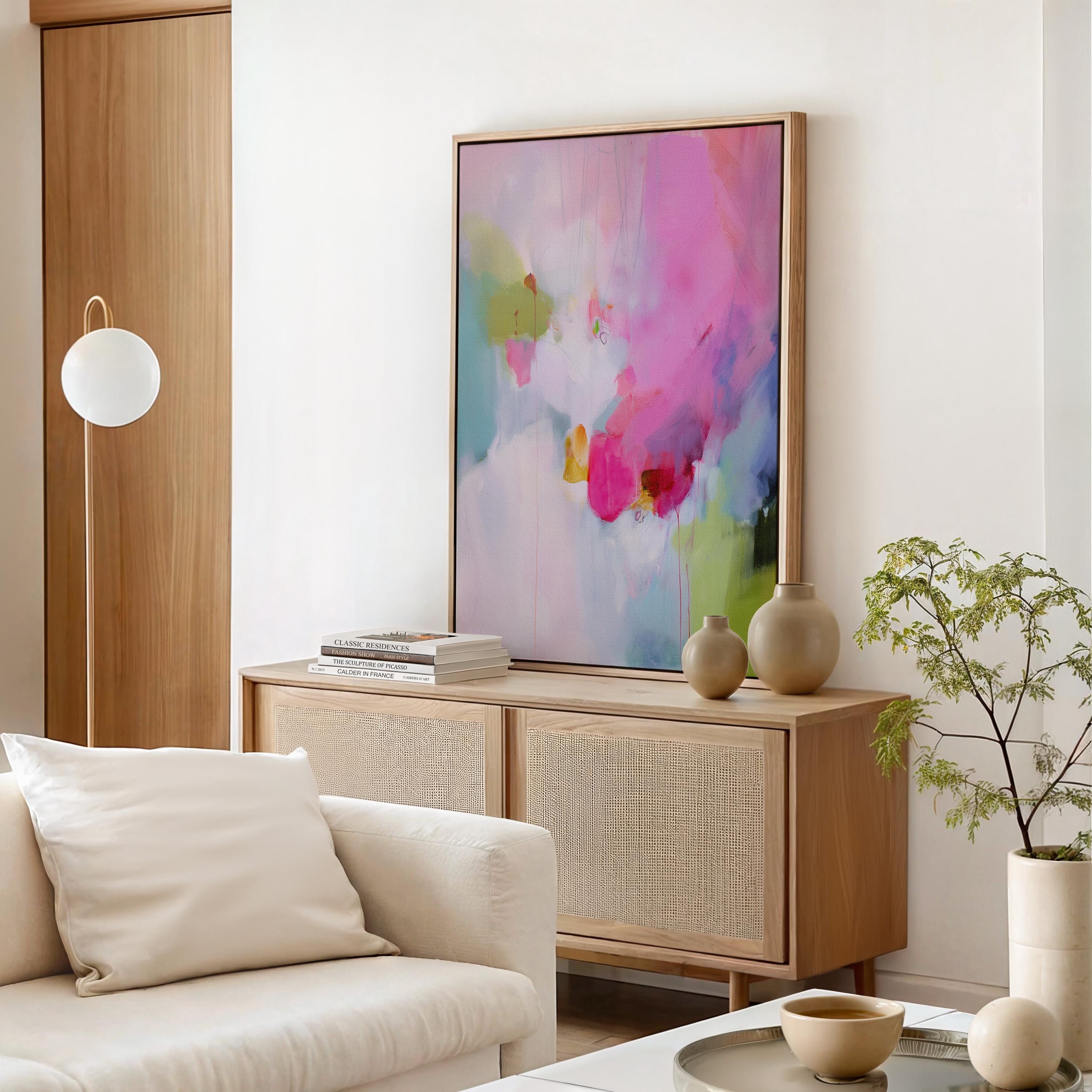 Framed Abstract Canvas Art Vertical Pink Green Painting Colorful Modern Wall Decor for Bedroom or Office | 423 Colorful abstract art print on framed canvas, perfect for vibrant wall decor, modern home design, office decor, and staging projects. Large statement art featuring bold brushstrokes and colorful texture. Ready-to-hang giclée canvas adds energy to any living space.