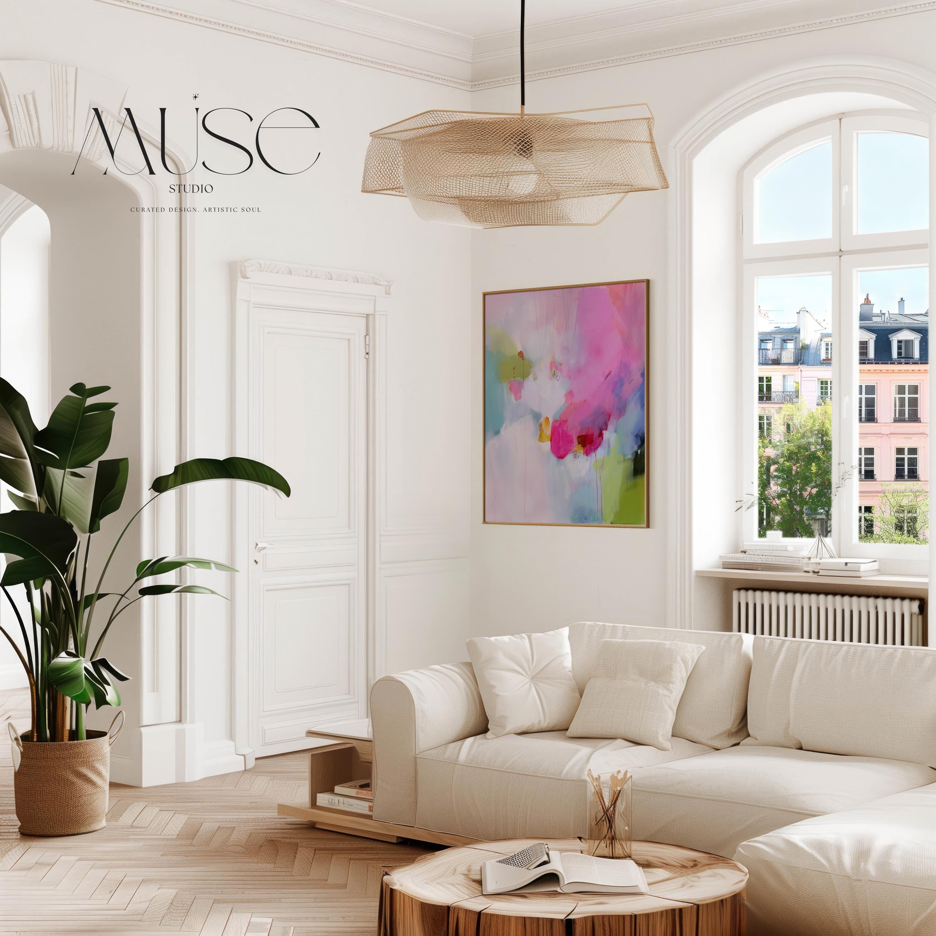 Framed Abstract Canvas Art Vertical Pink Green Painting Colorful Modern Wall Decor for Bedroom or Office | 423 Colorful abstract art print on framed canvas, perfect for vibrant wall decor, modern home design, office decor, and staging projects. Large statement art featuring bold brushstrokes and colorful texture. Ready-to-hang giclée canvas adds energy to any living space.