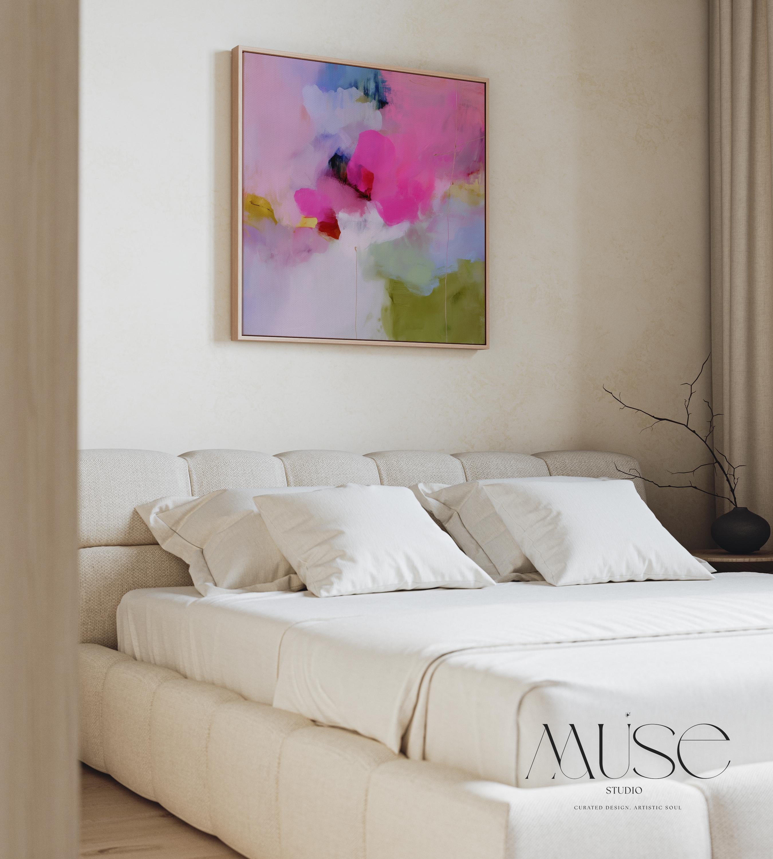 Colorful abstract wall art staged in modern neutral home decor. Large statement art print displayed in living room, bedroom, or office space. Vibrant canvas or giclée print adds bold style to contemporary interiors, perfect for home decor, office staging, and design projects Bold Color Pop Wall Art Framed Abstract Canvas Square Pink Green Painting Modern Statement Decor for Living Room or Office 426