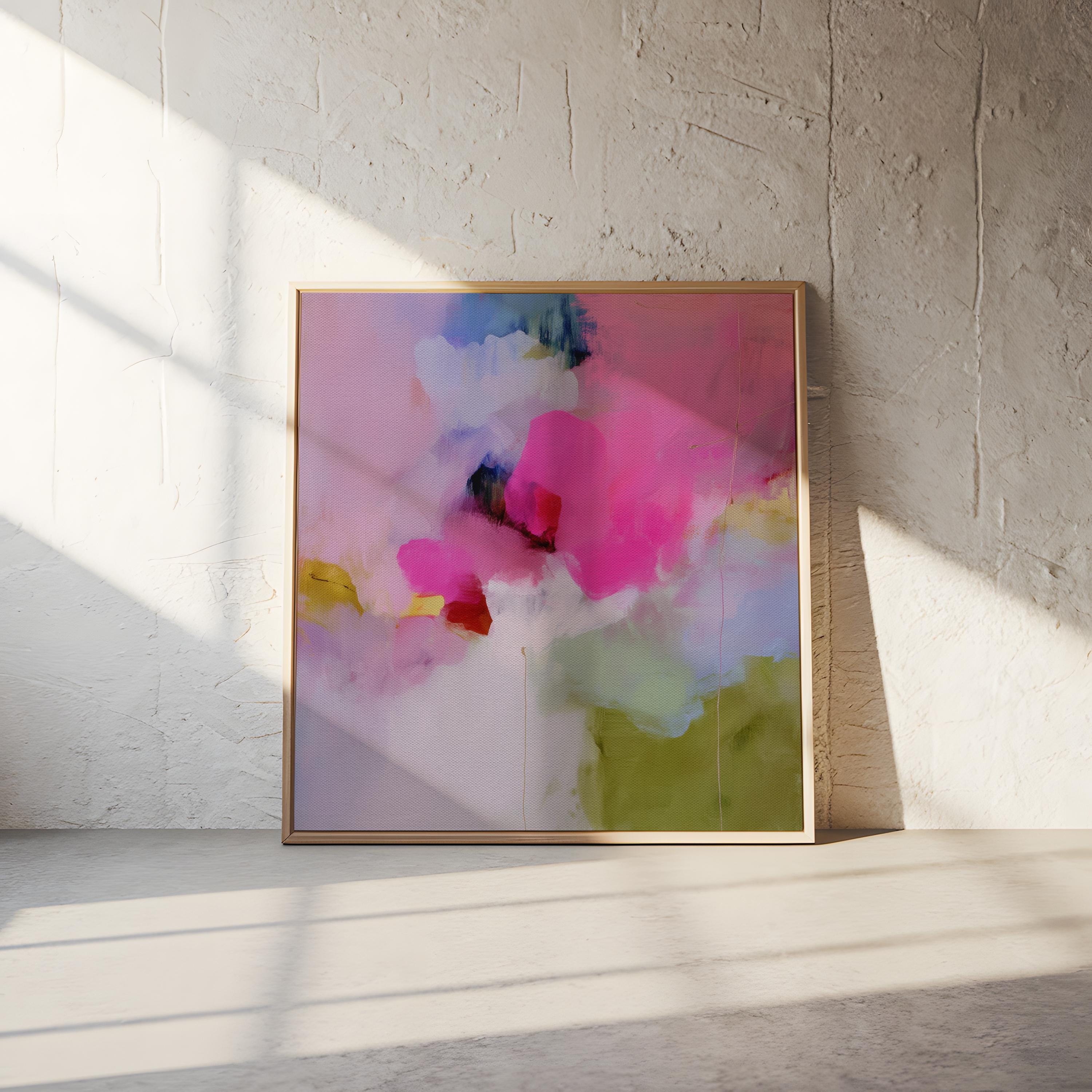 Bold Color Pop Wall Art Framed Abstract Canvas Square Pink Green Painting Modern Statement Decor for Living Room or Office 426 Colorful abstract art print on framed canvas, perfect for vibrant wall decor, modern home design, office decor, and staging projects. Large statement art featuring bold brushstrokes and colorful texture. Ready-to-hang giclée canvas adds energy to any living space.