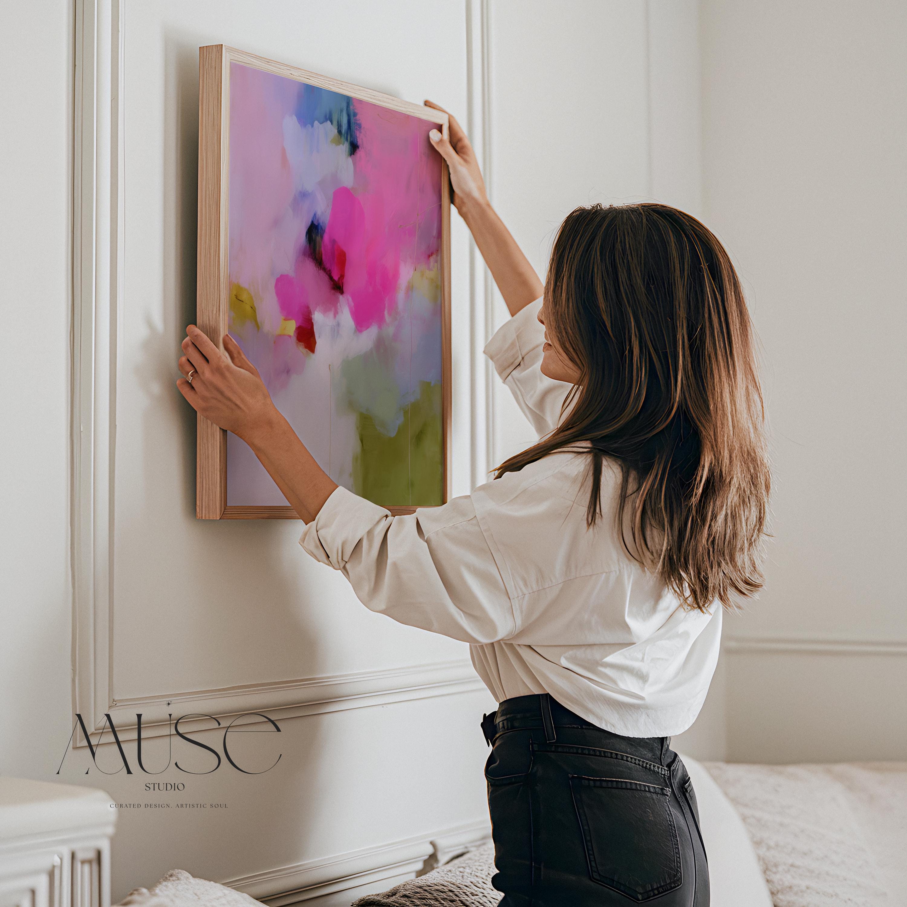 Colorful abstract art print on framed canvas, perfect for vibrant wall decor, modern home design, office decor, and staging projects. Large statement art featuring bold brushstrokes and colorful texture. Ready-to-hang giclée canvas adds energy to any living space. Bold Color Pop Wall Art Framed Abstract Canvas Square Pink Green Painting Modern Statement Decor for Living Room or Office 426