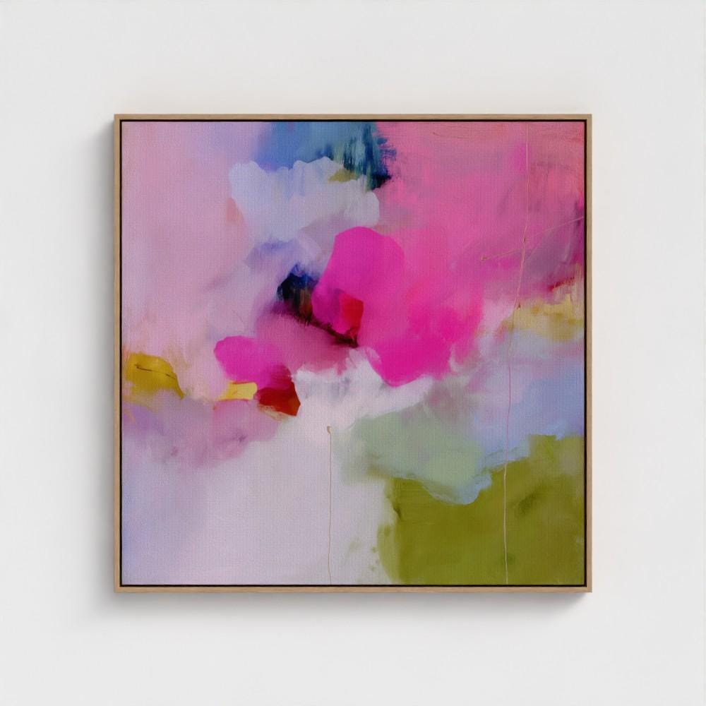 Colorful abstract art print on framed canvas, perfect for vibrant wall decor, modern home design, office decor, and staging projects. Large statement art featuring bold brushstrokes and colorful texture. Ready-to-hang giclée canvas adds energy to any living space. Bold Color Pop Wall Art Framed Abstract Canvas Square Pink Green Painting Modern Statement Decor for Living Room or Office 426