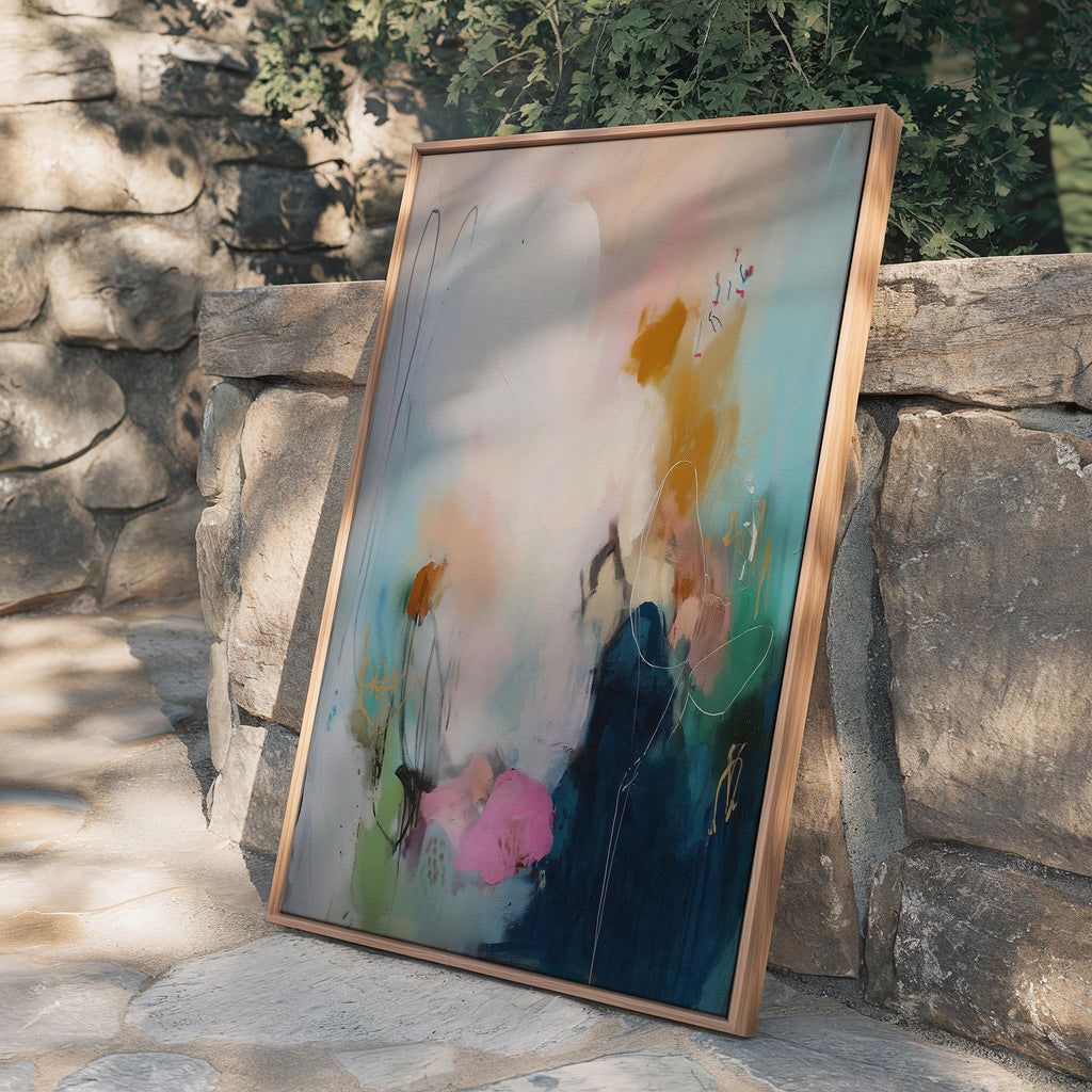 Soft Contemporary Framed Wall Art Vertical Abstract Canvas Giclée Print in Teal Pink Gold Modern Art for Office or Bedroom Decor | 427