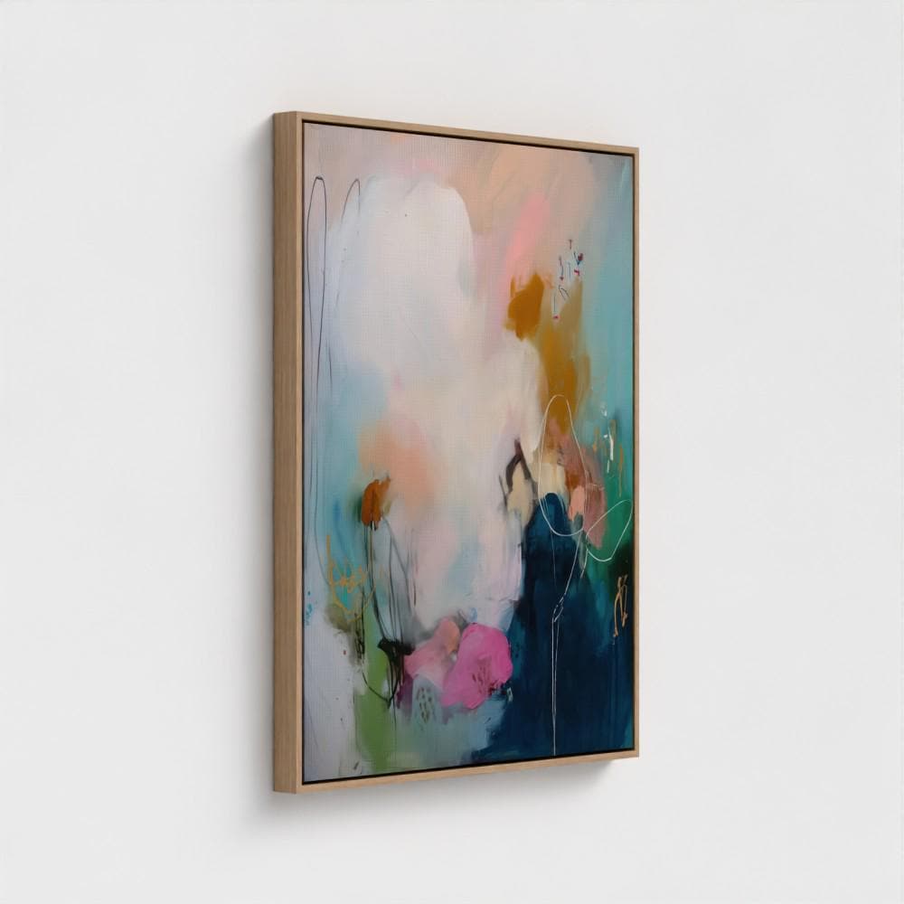 Soft Contemporary Framed Wall Art Vertical Abstract Canvas Giclée Print in Teal Pink Gold Modern Art for Office or Bedroom Decor | 427