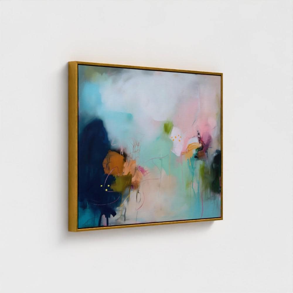 Horizontal teal green abstract framed wall art by Muse Studio, Tide Pools 428. Coastal-inspired modern artwork with layered aqua, seafoam, and deep teal movement printed with museum-grade giclée inks on premium gallery-wrapped artist canvas, styled for beach houses, offices, and serene living rooms.
