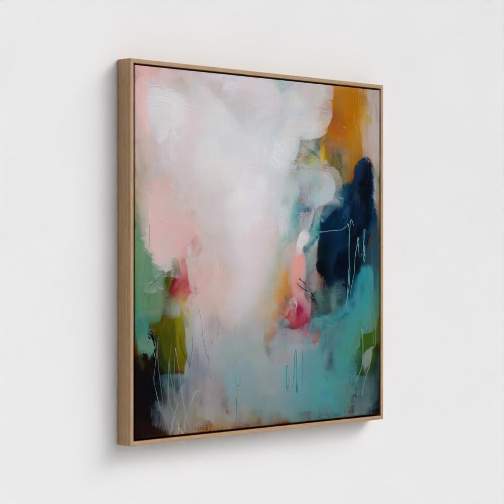 Muted Modern Framed Wall Art Square Abstract Canvas Giclée Print in Teal Pink Cream Soft Minimalist Decor for Bedroom or Office | 429