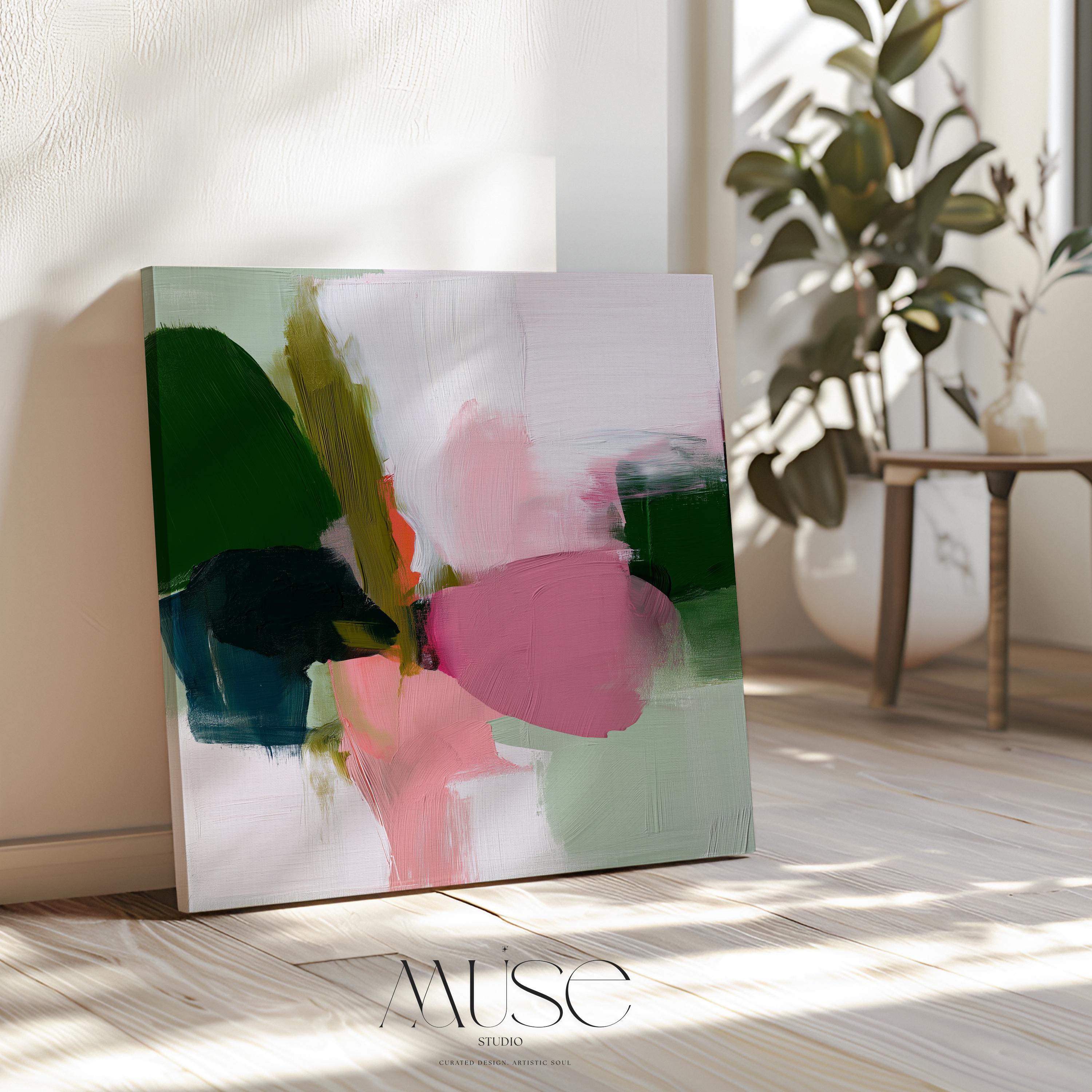 Large colorful abstract art print on stretched canvas, gallery-wrapped and ready to hang. Perfect for vibrant wall decor in homes, modern offices, and staging projects. Giclée canvas print featuring bold brushstrokes, expressive color, and modern statement style. Bold Abstract Wall Art Olive Green Blush Rose Pink Canvas Print Square Framed Colorful Art for Living Room Decor or Office | 430