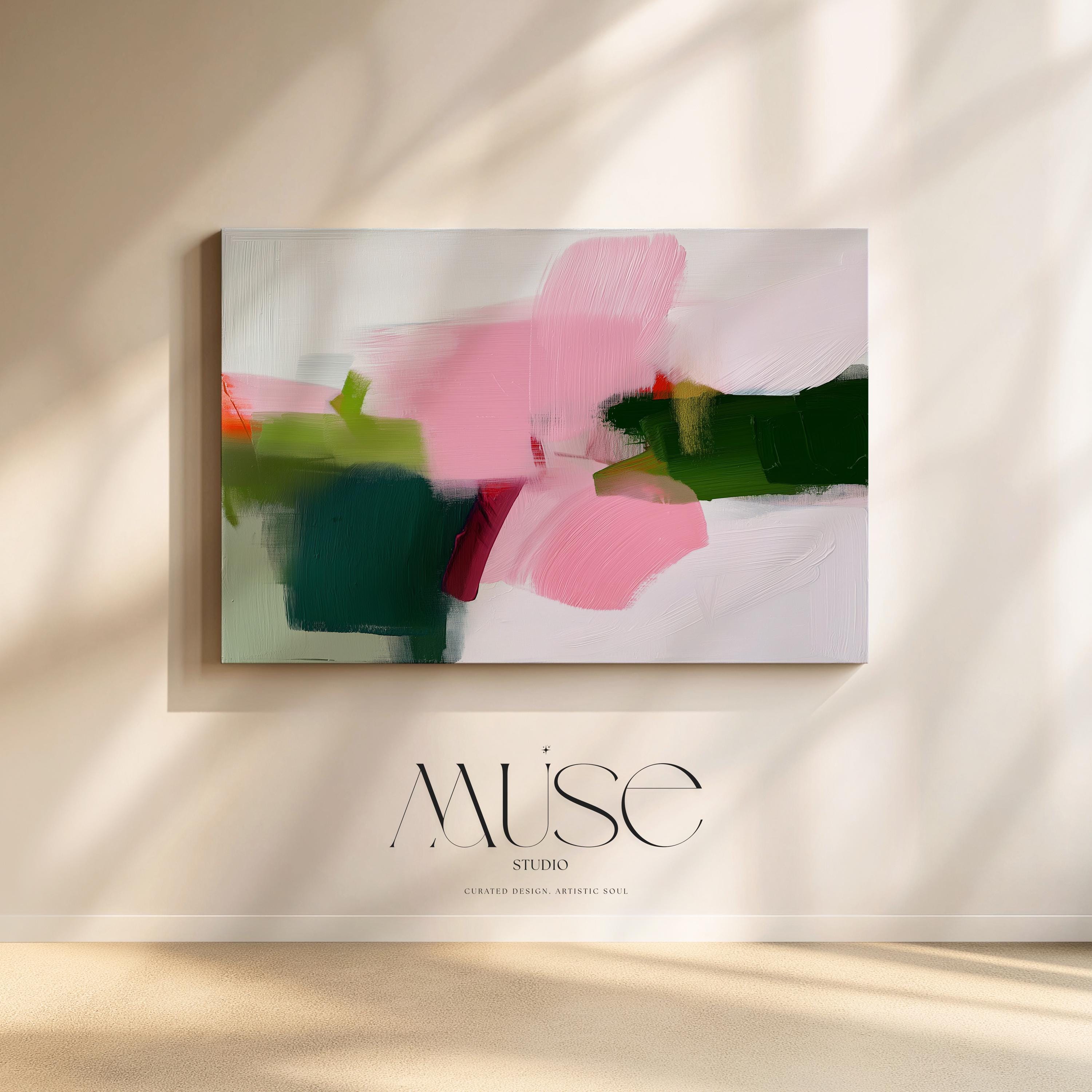 Abstract Canvas Wall Art in Olive Green Blush Pink White Modern Minimalist Painting for Contemporary Home Decor & Curated Interiors | 431