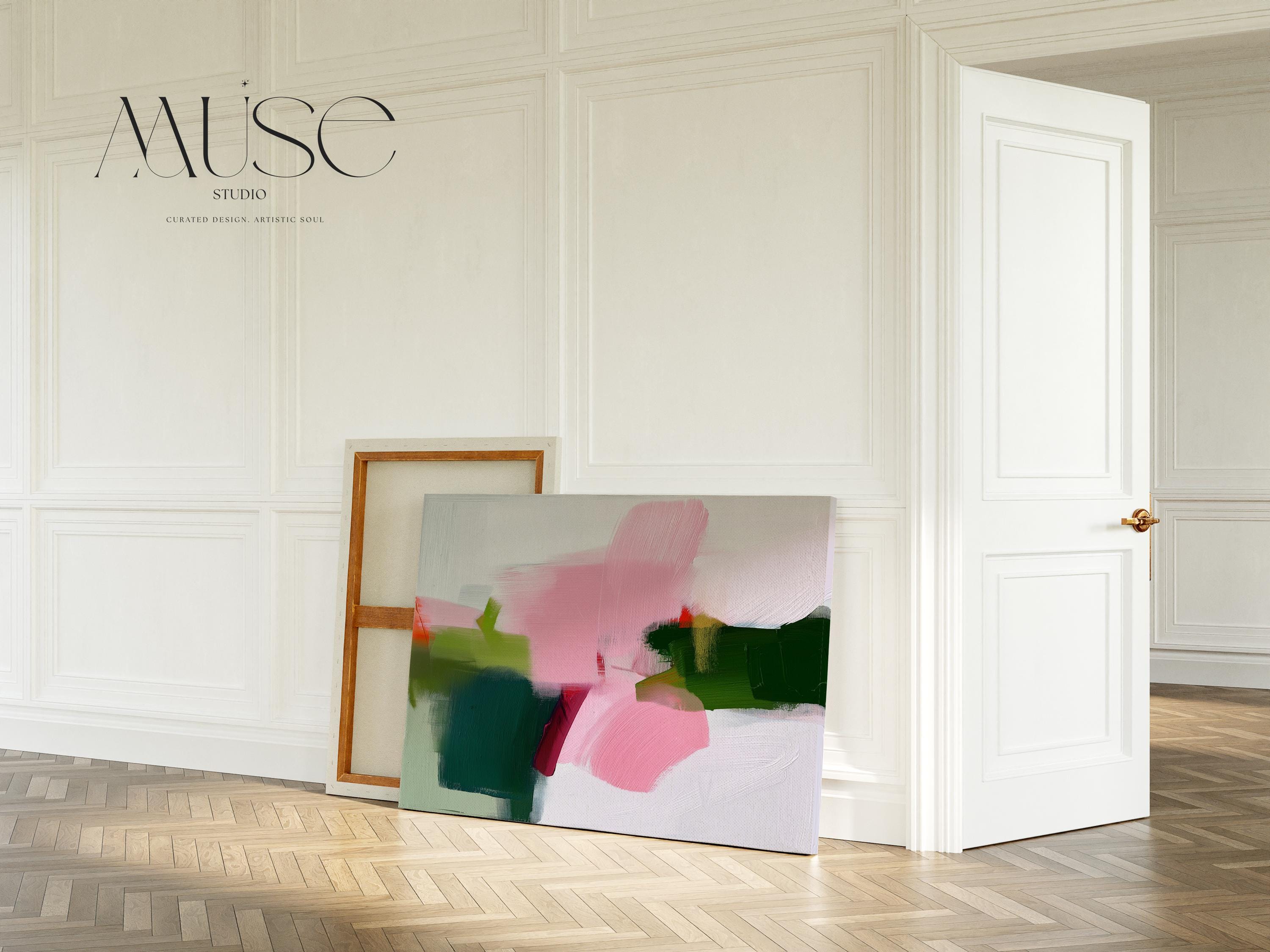 Abstract Canvas Wall Art in Olive Green Blush Pink White Modern Minimalist Painting for Contemporary Home Decor & Curated Interiors | 431