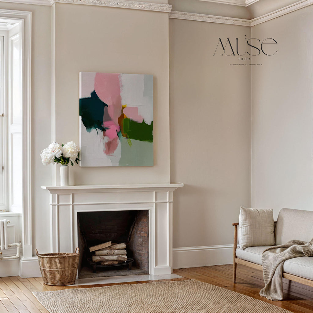 Colorful abstract wall art staged in modern neutral home decor. Large statement art print displayed in living room, bedroom, or office space. Vibrant canvas or giclée print adds bold style to contemporary interiors, perfect for home decor, office staging, and design projects Vertical Canvas Wall Art Modern Abstract Giclée Print in Deep Green and Rose Pink Warm Minimalist Home Decor for bedroom office entry | 432