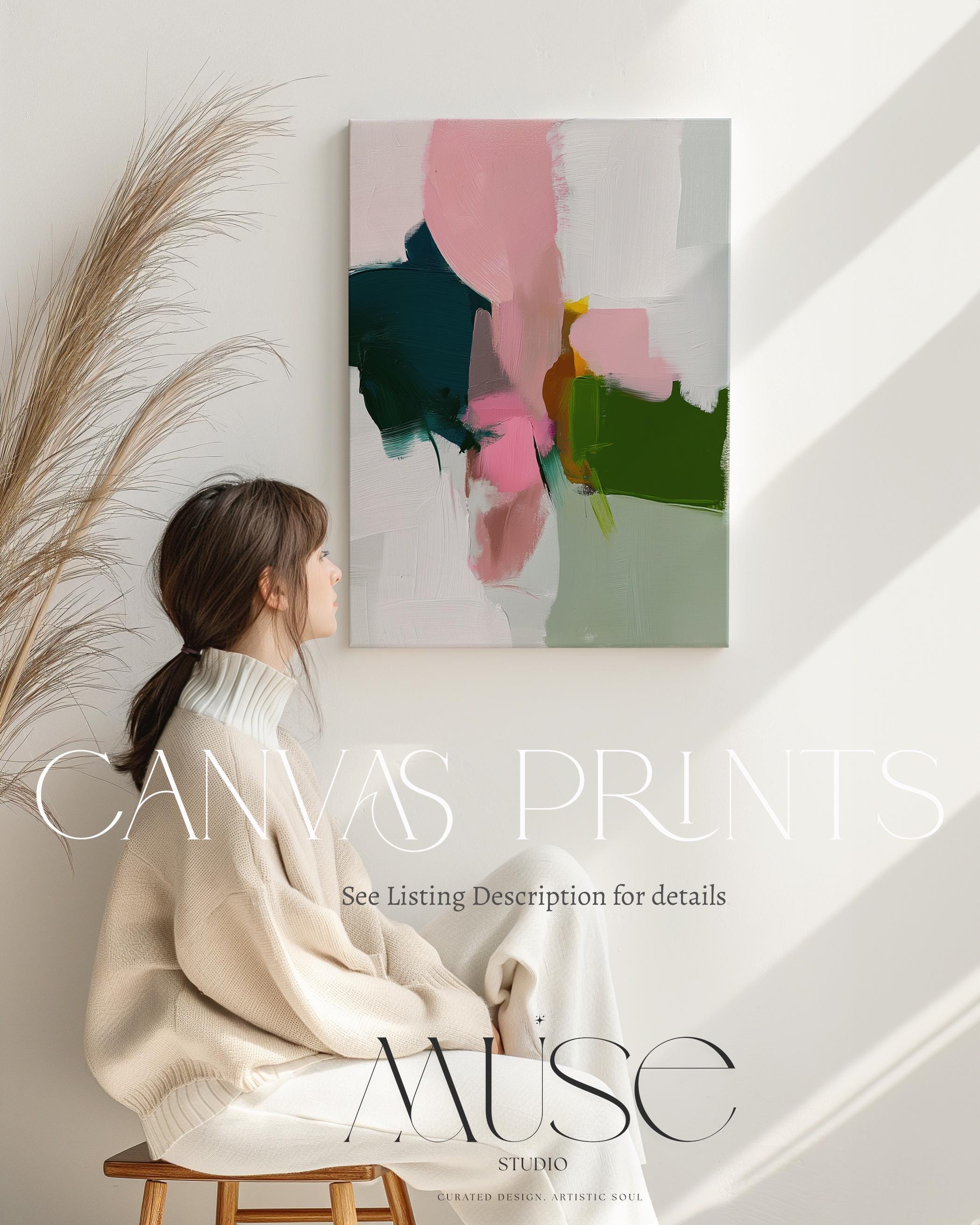 Colorful abstract wall art staged in modern neutral home decor. Large statement art print displayed in living room, bedroom, or office space. Vibrant canvas or giclée print adds bold style to contemporary interiors, perfect for home decor, office staging, and design projects Vertical Canvas Wall Art Modern Abstract Giclée Print in Deep Green and Rose Pink Warm Minimalist Home Decor for bedroom office entry | 432