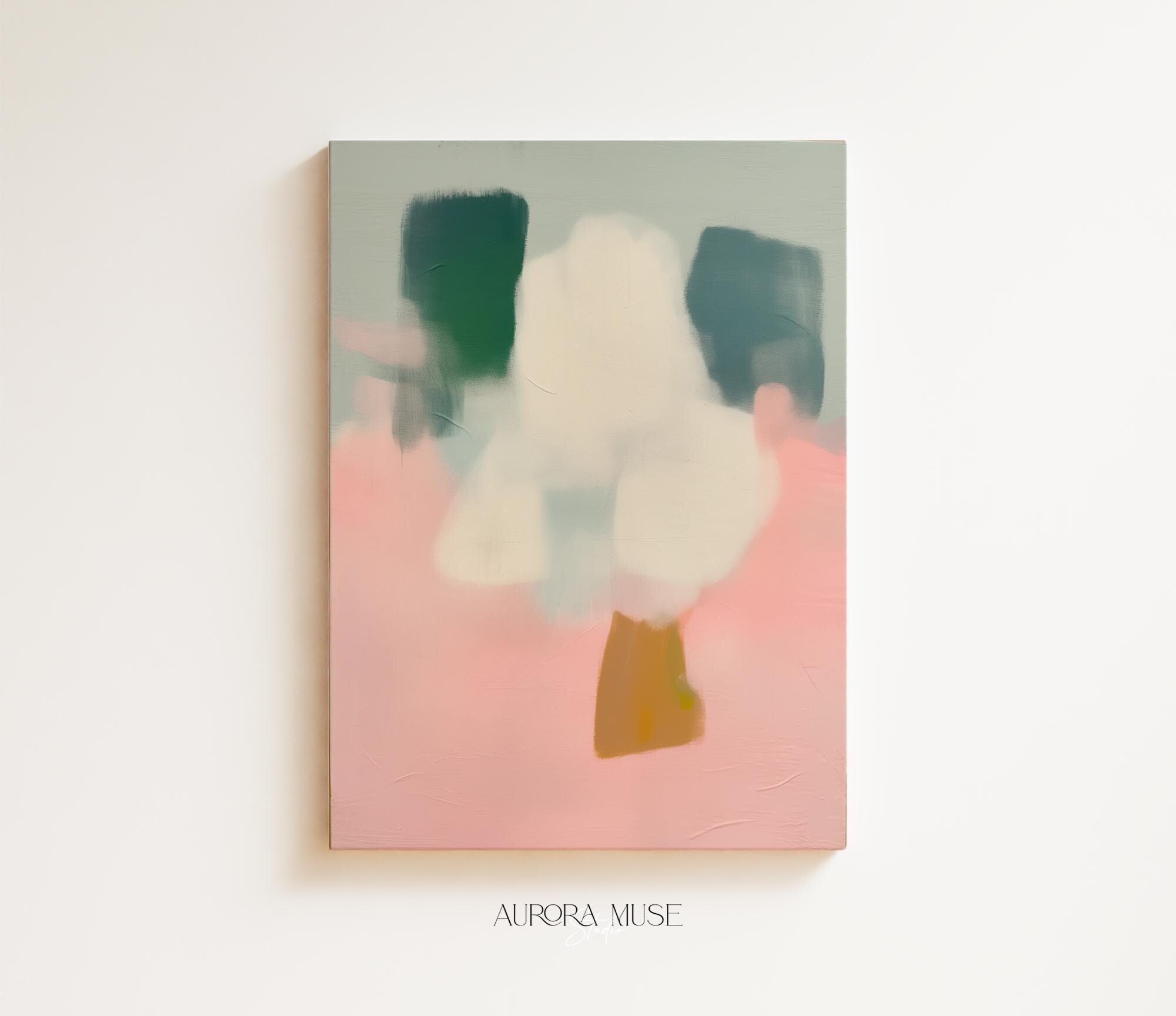 Vertical abstract wall art titled “Whisper Bloom,” featuring soft sage green and blush pink tones in a pastel modern style. Ideal for nursery, kids room, or calm bedroom decor. Available as framed or gallery canvas wall art by Muse Studio.