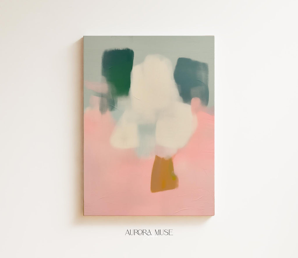 Vertical abstract wall art titled “Whisper Bloom,” featuring soft sage green and blush pink tones in a pastel modern style. Ideal for nursery, kids room, or calm bedroom decor. Available as framed or gallery canvas wall art by Muse Studio.