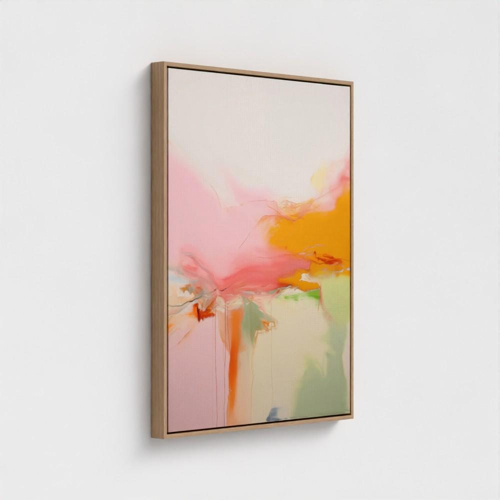 Vertical colorful abstract wall art featuring coral, turquoise, violet, and gold tones in a vibrant contemporary style. Ideal as a statement piece for living room or studio interiors. Available as framed canvas or gallery-wrapped giclée wall art by Muse Studio