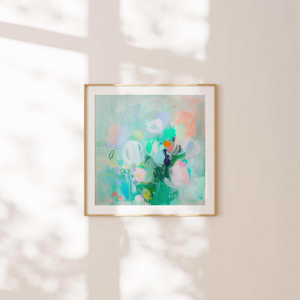 Square pastel aqua and blush botanical abstract wall art with soft modern floral movement, ideal for nursery, bedroom, or calm contemporary interiors. Available as oversized gallery canvas, floating framed canvas, or fine art print by Muse Studio.”