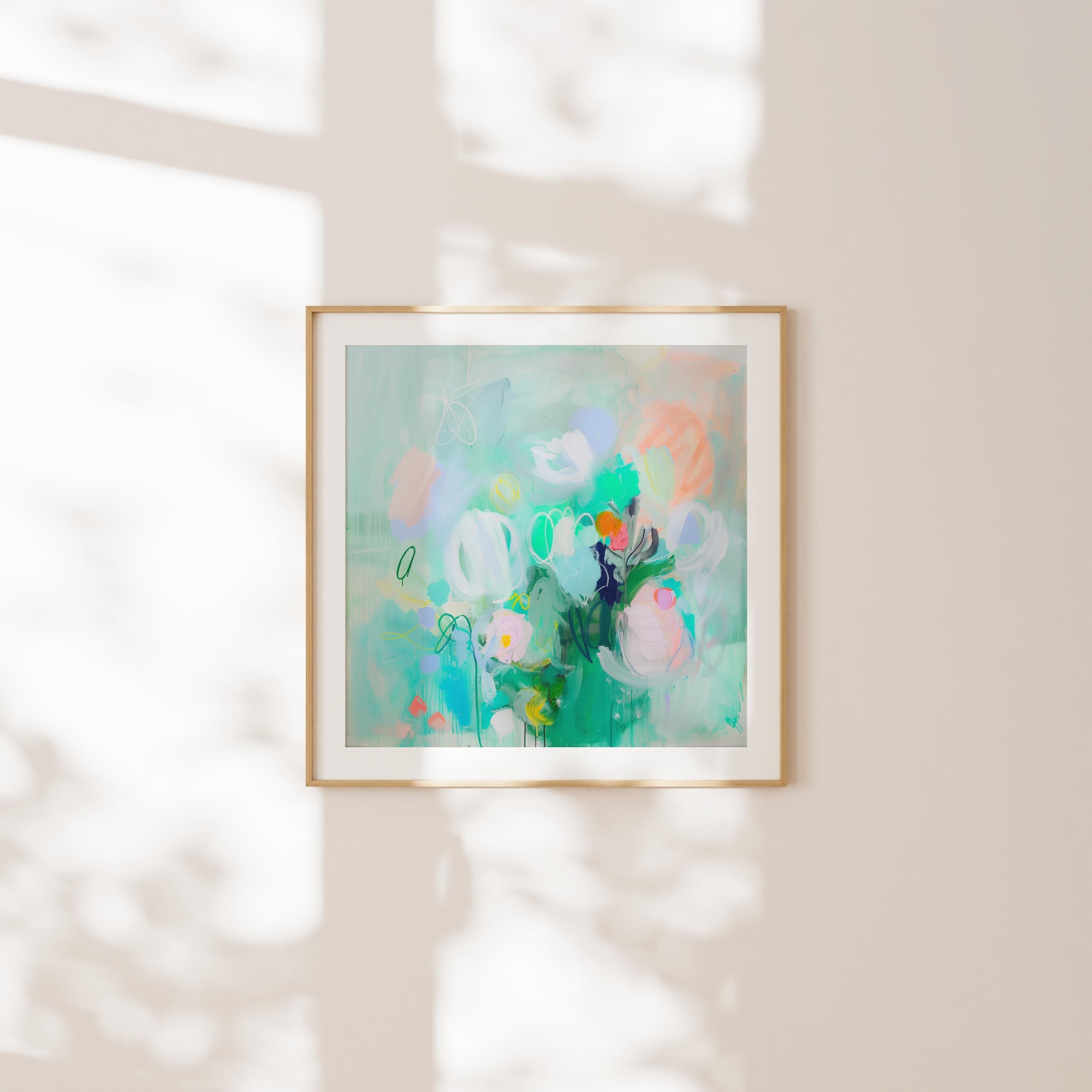 Square pastel aqua and blush botanical abstract wall art with soft modern floral movement, ideal for nursery, bedroom, or calm contemporary interiors. Available as oversized gallery canvas, floating framed canvas, or fine art print by Muse Studio.”