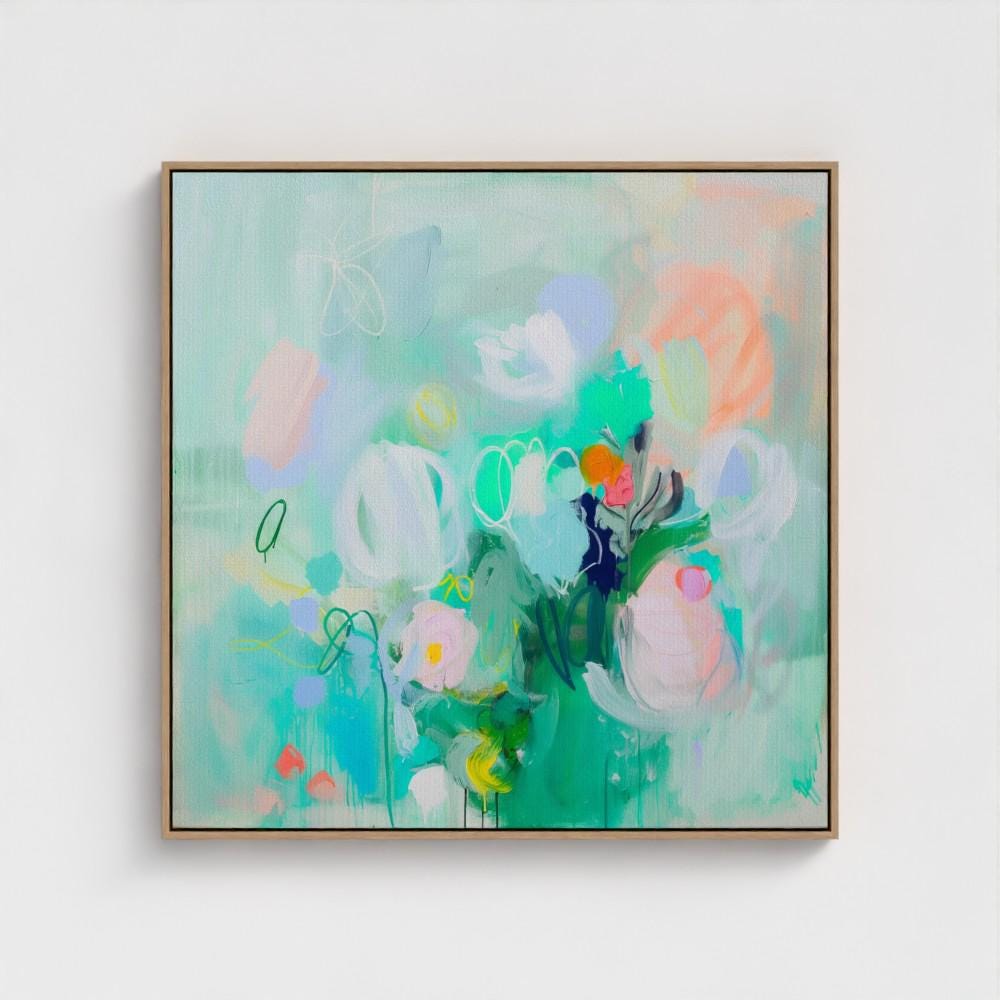 Square pastel aqua and blush botanical abstract wall art with soft modern floral movement, ideal for nursery, bedroom, or calm contemporary interiors. Available as oversized gallery canvas, floating framed canvas, or fine art print by Muse Studio.”