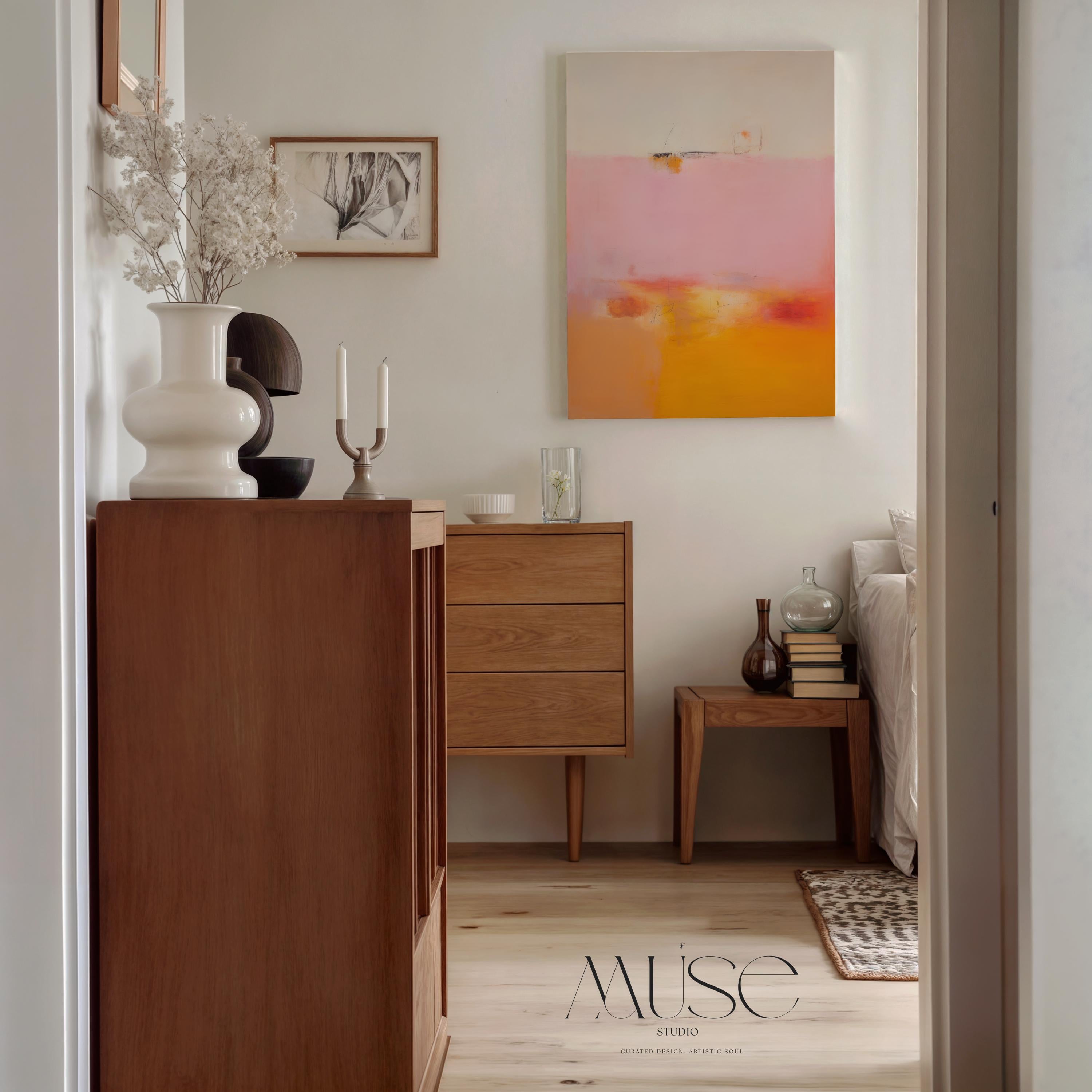 Colorful abstract wall art staged in modern neutral home decor. Large statement art print displayed in living room, bedroom, or office space. Vibrant canvas or giclée print adds bold style to contemporary interiors, perfect for home decor, office staging, and design projects. Muse Studio Decor Art.