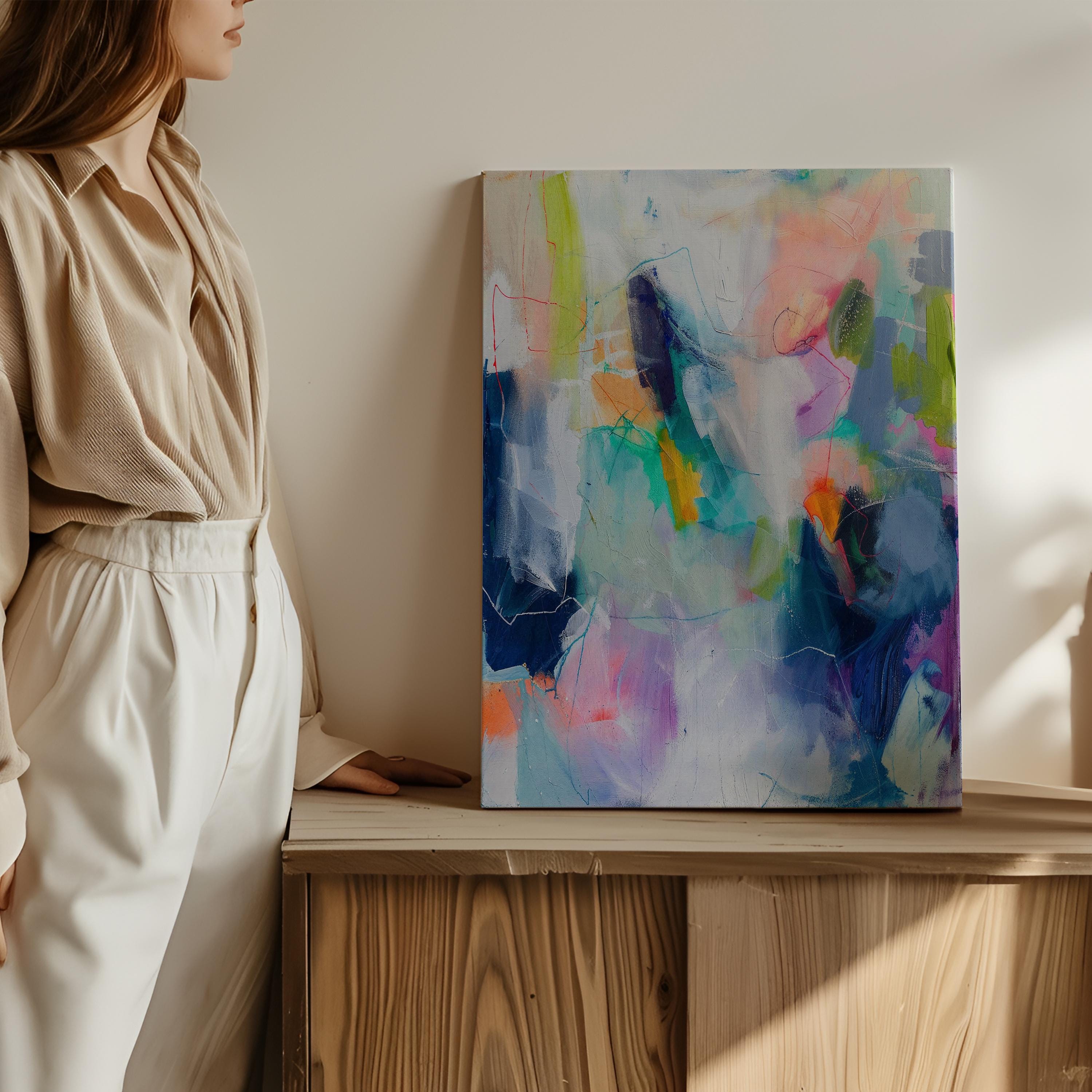 Vertical Canvas Art Large Abstract Painting Blue Purple Colorful Wall Decor for Living Room Bedroom Office Modern Statement Piece | 249 Large colorful abstract art print on stretched canvas, gallery-wrapped and ready to hang. Perfect for vibrant wall decor in homes, modern offices, and staging projects. Giclée canvas print featuring bold brushstrokes, expressive color, and modern statement style. Muse Studio Decor Art.