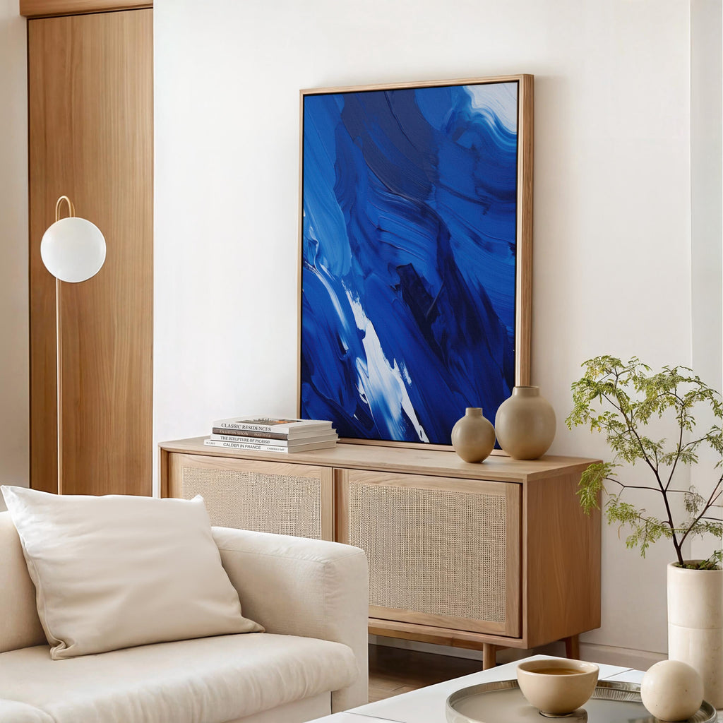 Abstract Framed Canvas – Abstract Painting Print, Coastal Blue Abstract Canvas Wall Art – Summer Coastal Beach Lake House Decor, Blue | 225