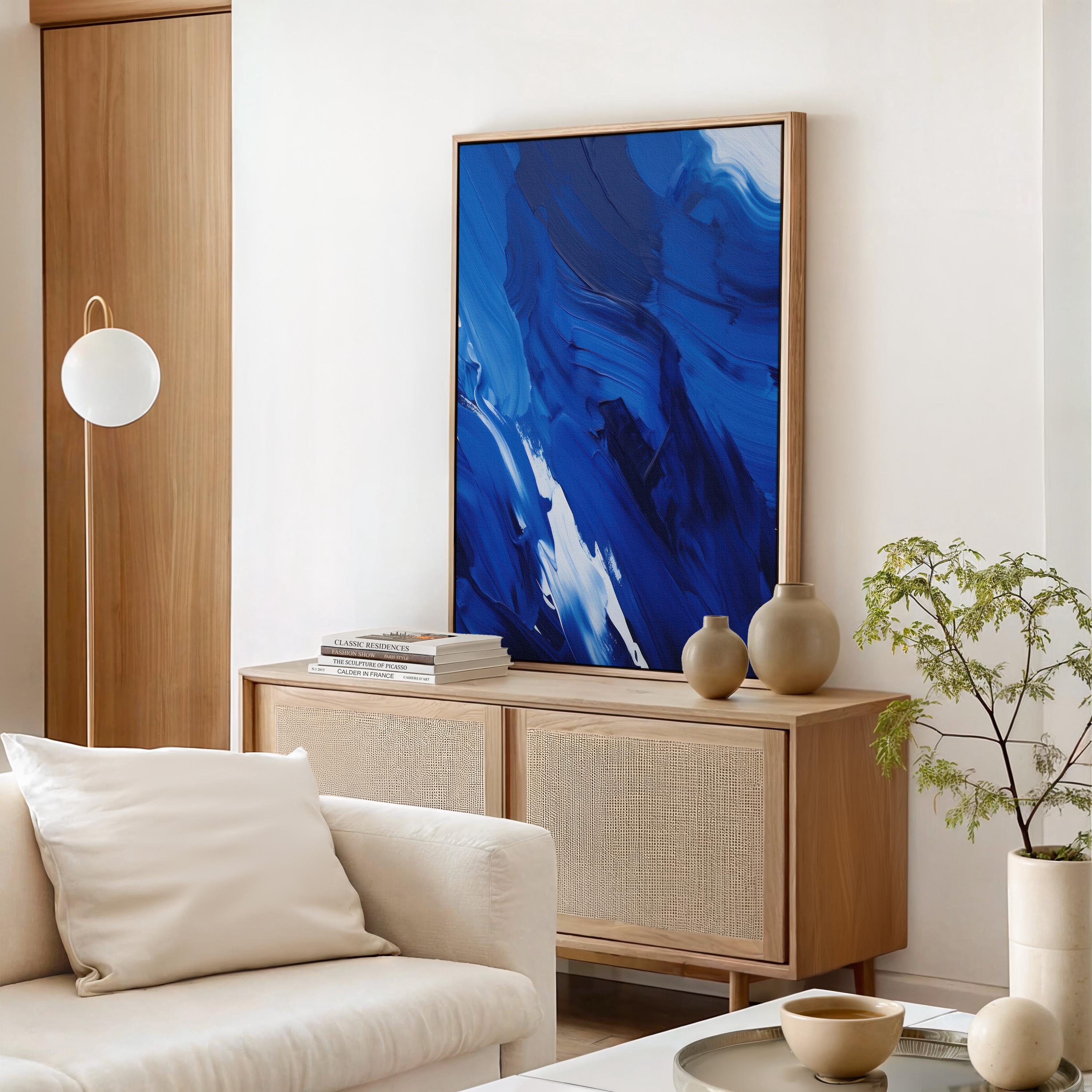 Abstract Framed Canvas – Abstract Painting Print, Coastal Blue Abstract Canvas Wall Art – Summer Coastal Beach Lake House Decor, Blue | 225