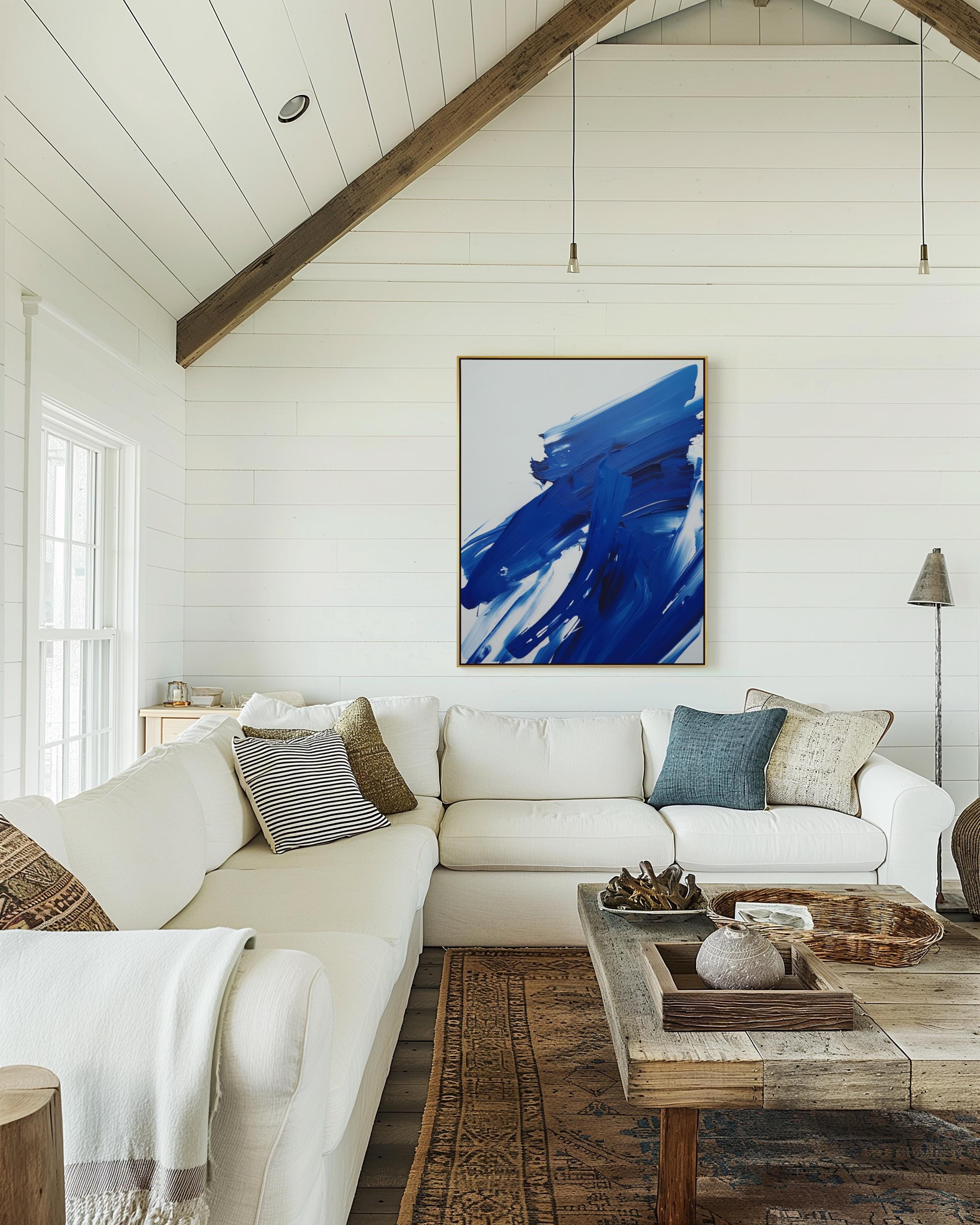 Modern Abstract Framed Canvas – Large Colorful Wall Art for Living Room, Summer Coastal House Decor, Giclee Print, Blue | 226