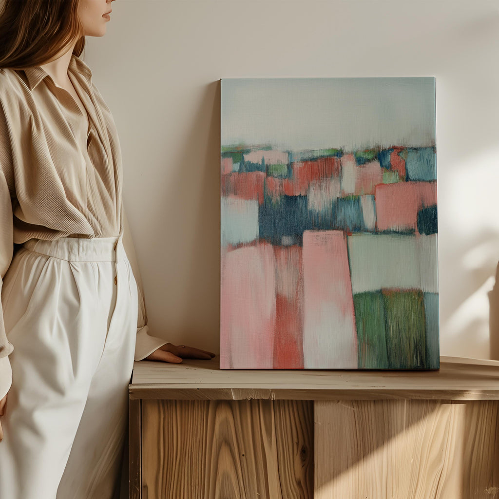 Vertical Abstract Wall Art Soft Coastal Decor Art Framed Canvas in Blush Pink Sage Green Blue Modern Living Room Bedroom Office | 385