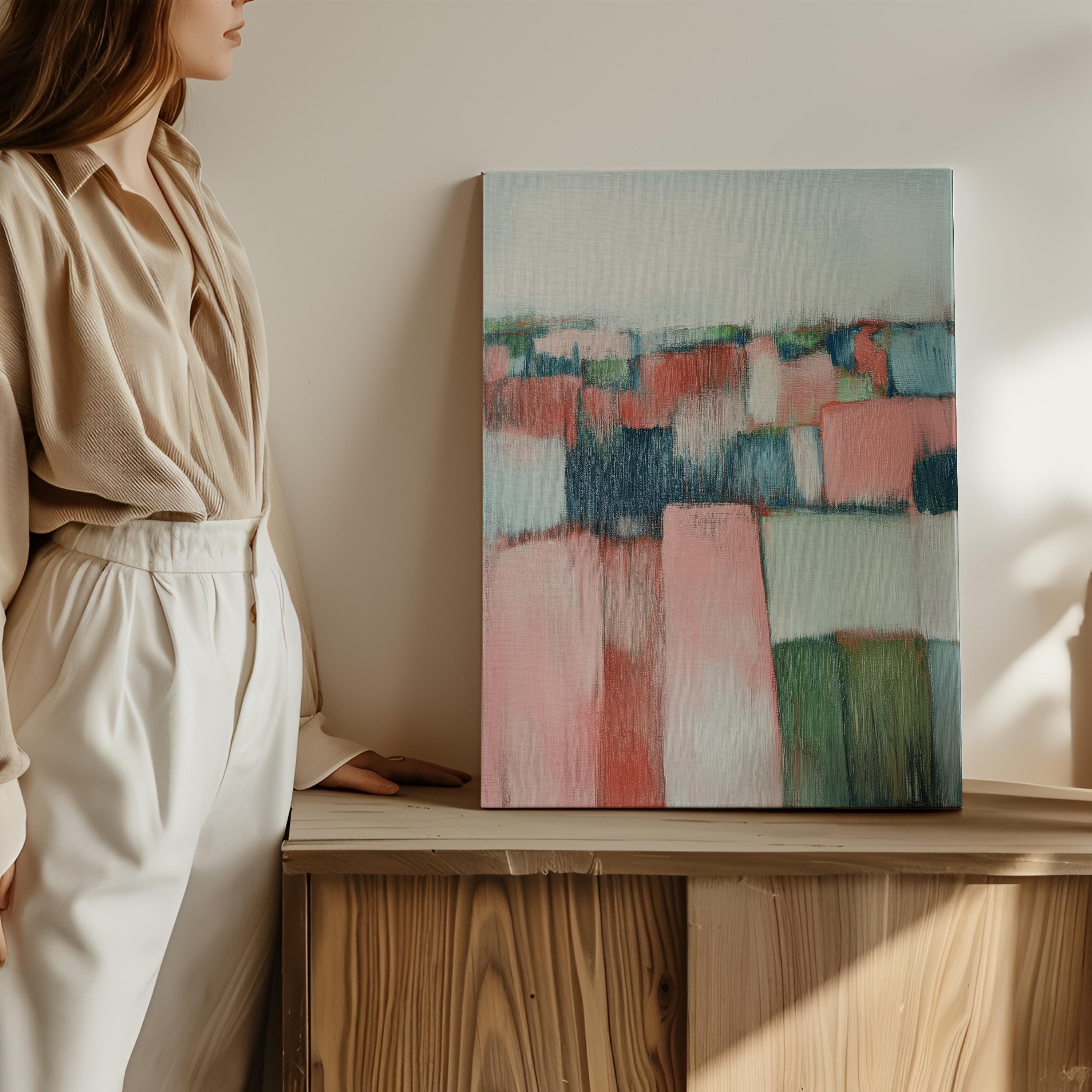 Vertical Abstract Wall Art Soft Coastal Decor Art Framed Canvas in Blush Pink Sage Green Blue Modern Living Room Bedroom Office | 385