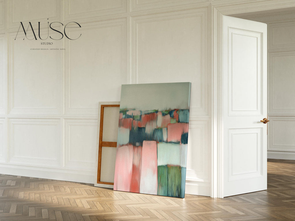 Vertical Abstract Wall Art Soft Coastal Decor Art Framed Canvas in Blush Pink Sage Green Blue Modern Living Room Bedroom Office | 385