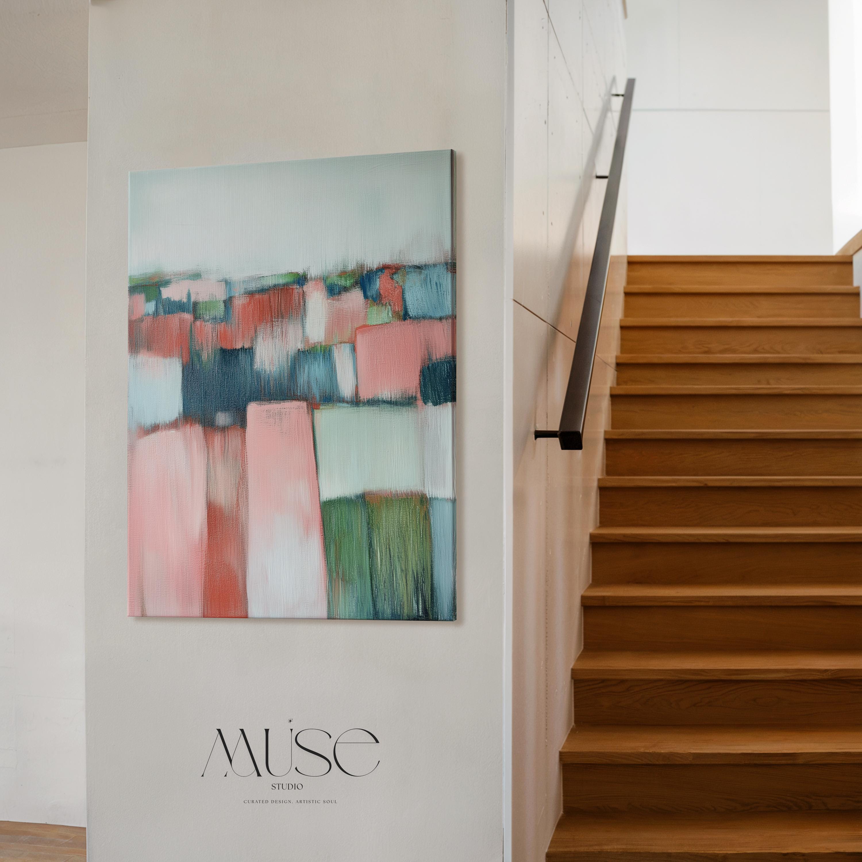 Vertical Abstract Wall Art Soft Coastal Decor Art Framed Canvas in Blush Pink Sage Green Blue Modern Living Room Bedroom Office | 385