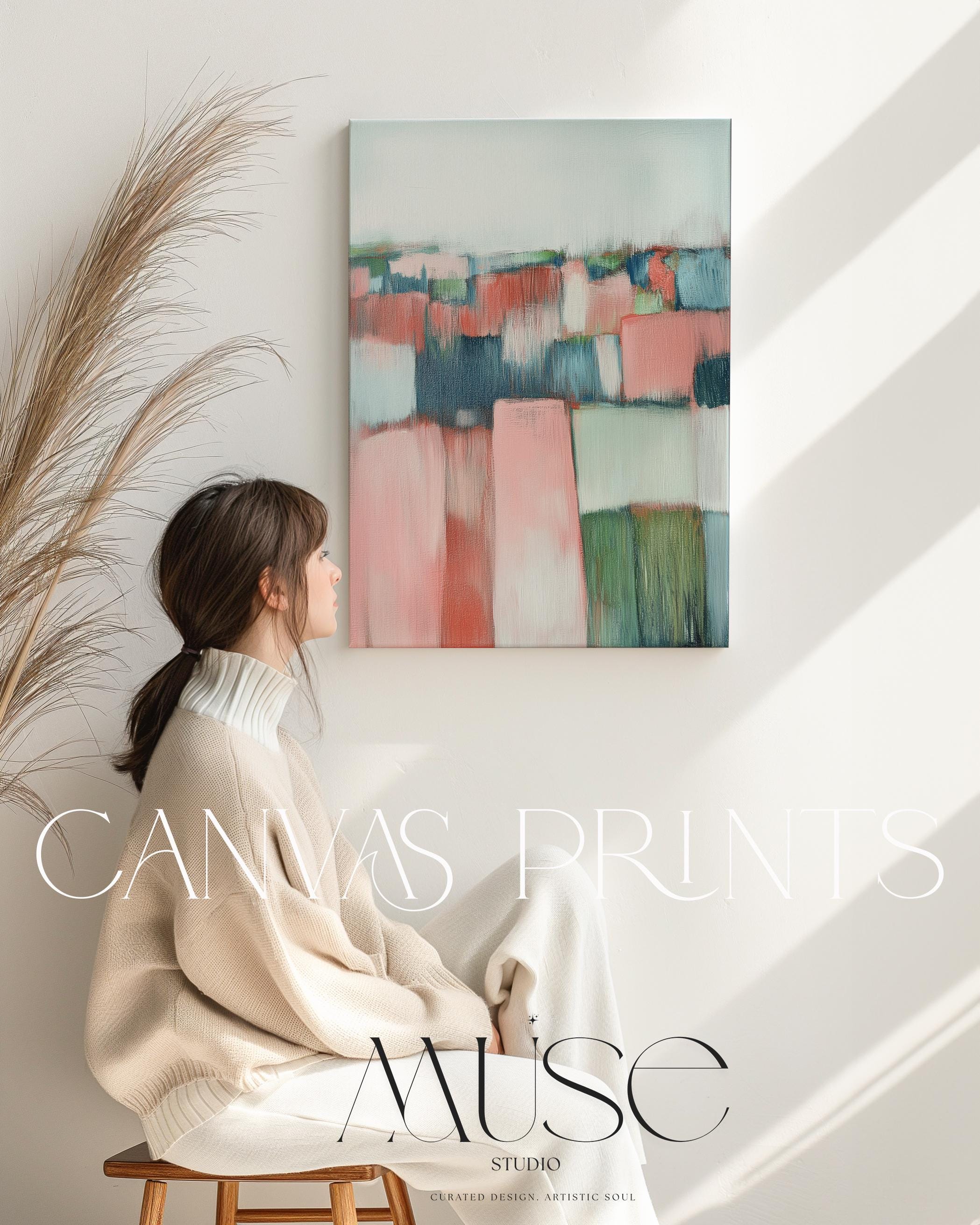 Vertical Abstract Wall Art Soft Coastal Decor Art Framed Canvas in Blush Pink Sage Green Blue Modern Living Room Bedroom Office | 385 Large abstract wall decor on stretched canvas, gallery-wrapped and ready to hang. Perfect for colorful wall art in living rooms, office spaces, and design projects. Giclée canvas print with bold brushwork and vibrant modern style for impactful home decor. Muse Studio Decor Art.