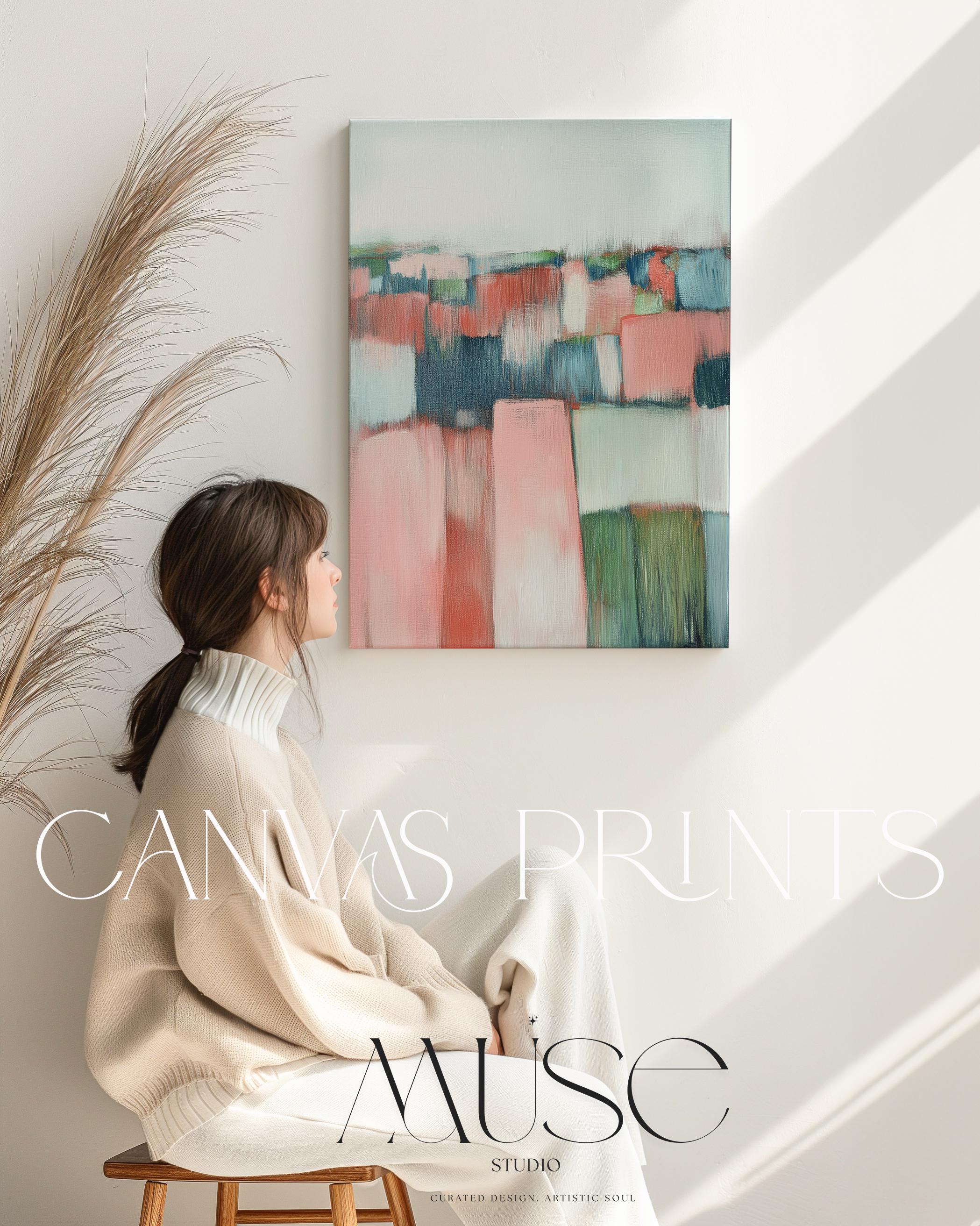Vertical Abstract Wall Art Soft Coastal Decor Art Framed Canvas in Blush Pink Sage Green Blue Modern Living Room Bedroom Office | 385 Large abstract wall decor on stretched canvas, gallery-wrapped and ready to hang. Perfect for colorful wall art in living rooms, office spaces, and design projects. Giclée canvas print with bold brushwork and vibrant modern style for impactful home decor. Muse Studio Decor Art.
