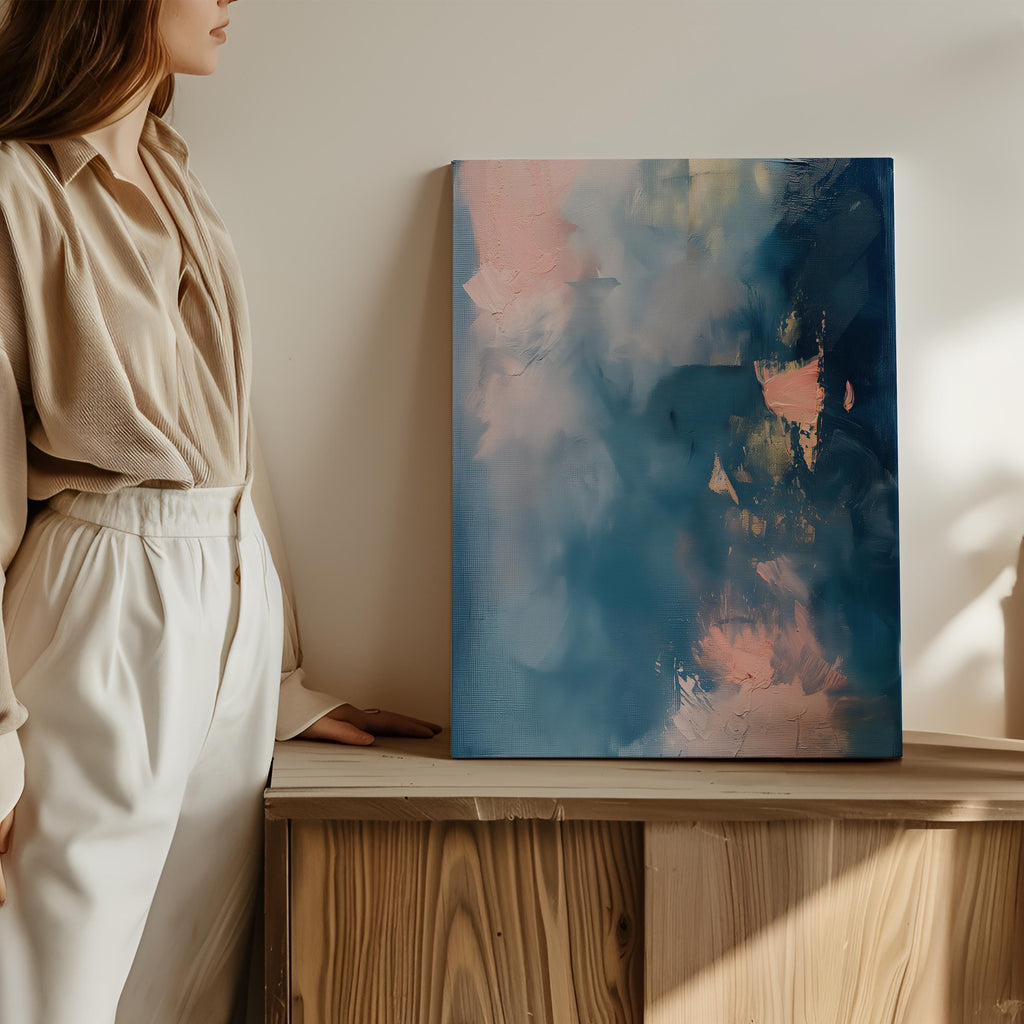Blue Pink Abstract Canvas Wall Art Vertical Modern Decor Large Statement Artwork Framed Wall Decor Soft Contemporary Home Design | 329