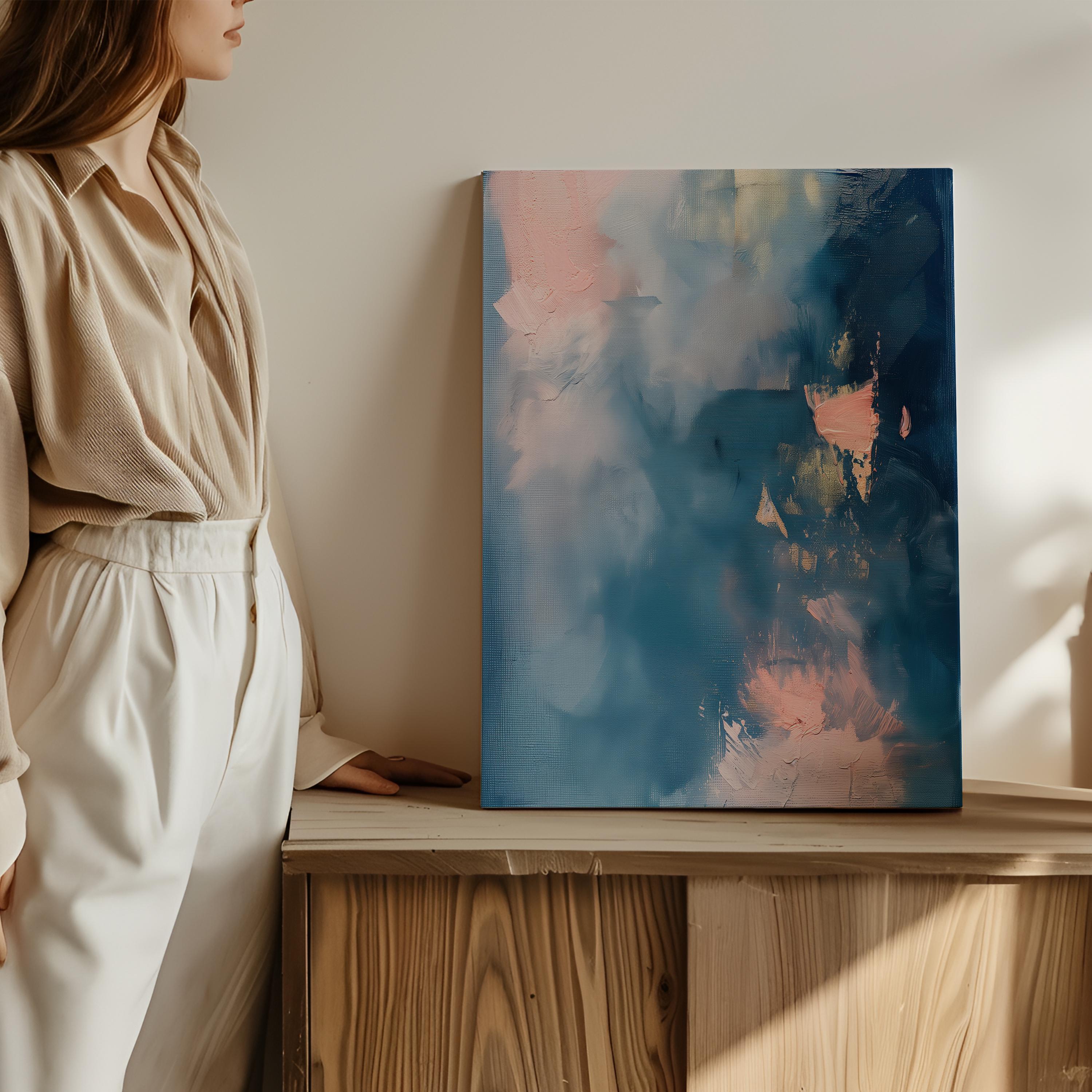 Blue Pink Abstract Canvas Wall Art Vertical Modern Decor Large Statement Artwork Framed Wall Decor Soft Contemporary Home Design | 329