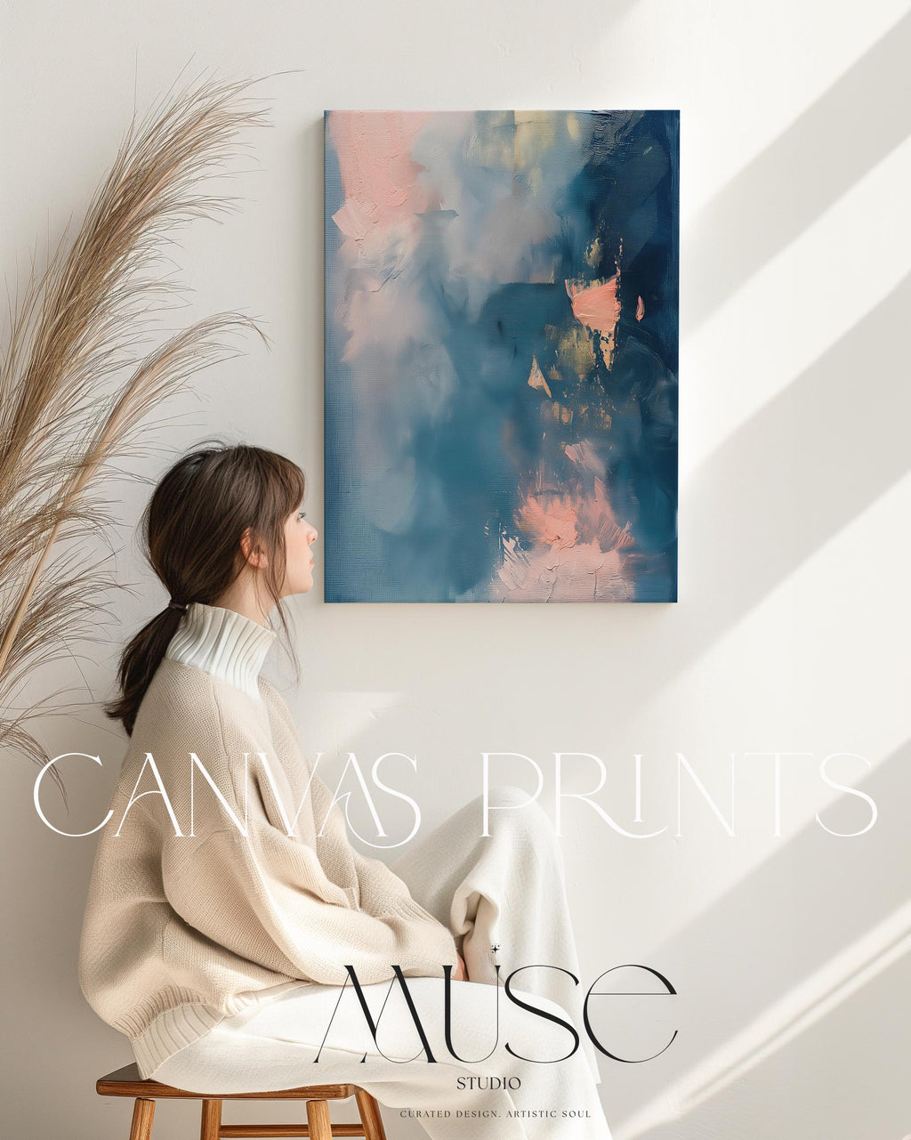 Blue Pink Abstract Canvas Wall Art Vertical Modern Decor Large Statement Artwork Framed Wall Decor Soft Contemporary Home Design | 329