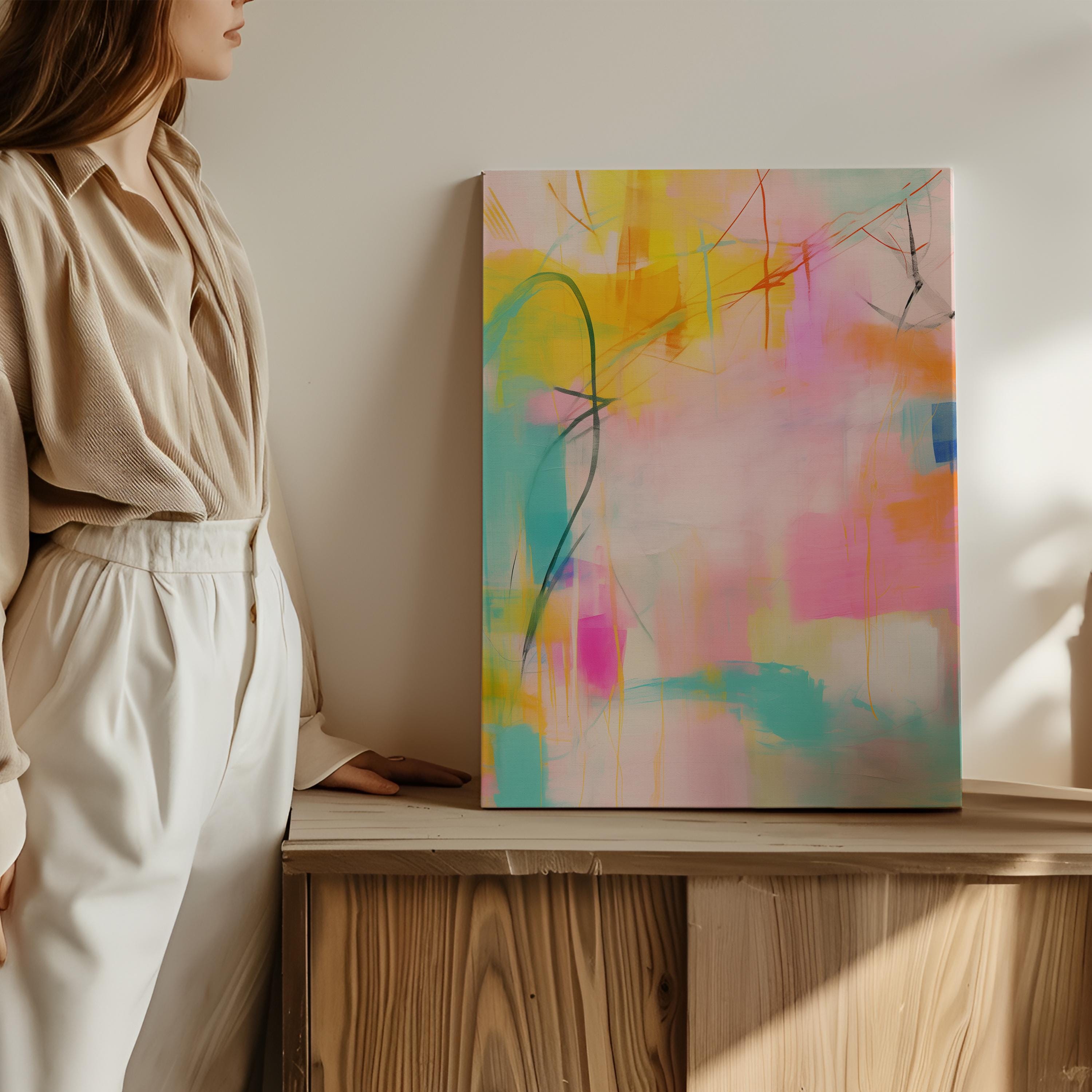 Vertical Canvas Wall Art, Colorful Abstract Art Print, Large Pink Yellow Abstract Painting, Modern Statement Wall Decor for Living Room| 003