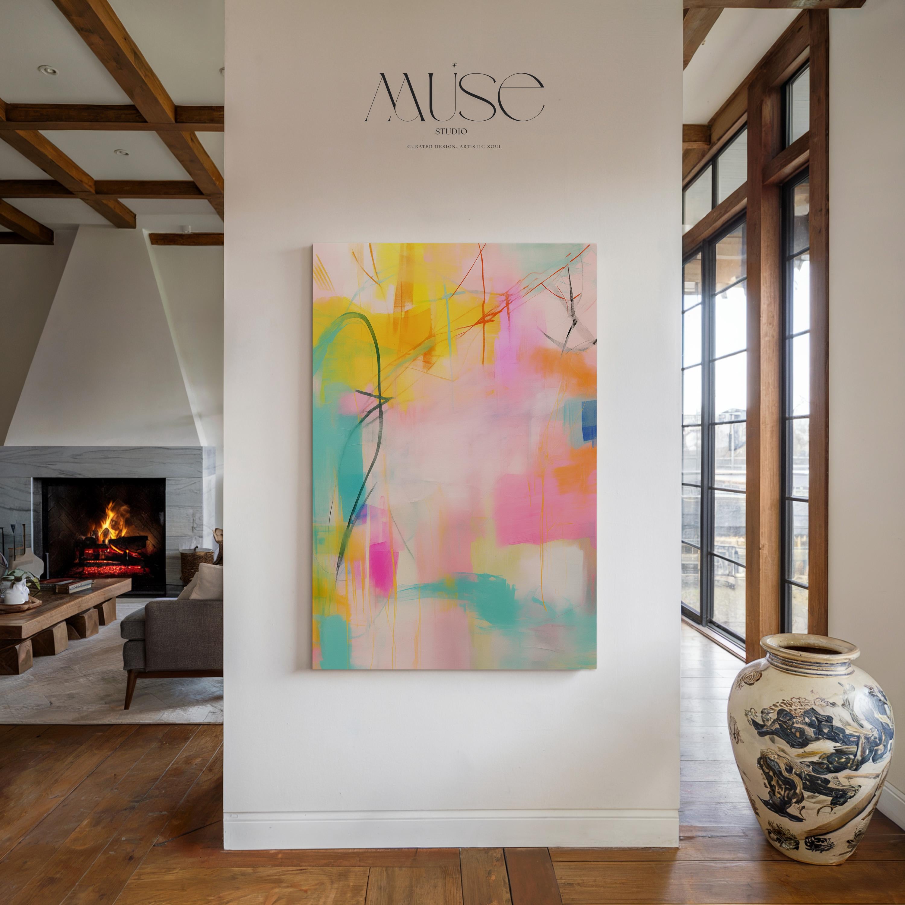 Vertical Canvas Wall Art, Colorful Abstract Art Print, Large Pink Yellow Abstract Painting, Modern Statement Wall Decor for Living Room| 003