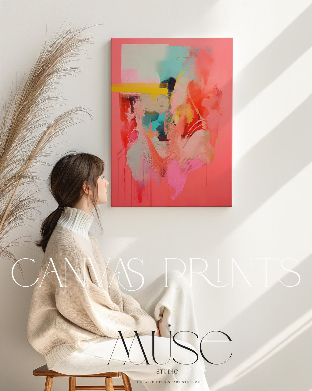 Coral Pink Wall Art, Abstract Vertical Canvas Print, Large Statement Art, Bold Modern Decor, Framed Artwork for Bedroom or Office | 035