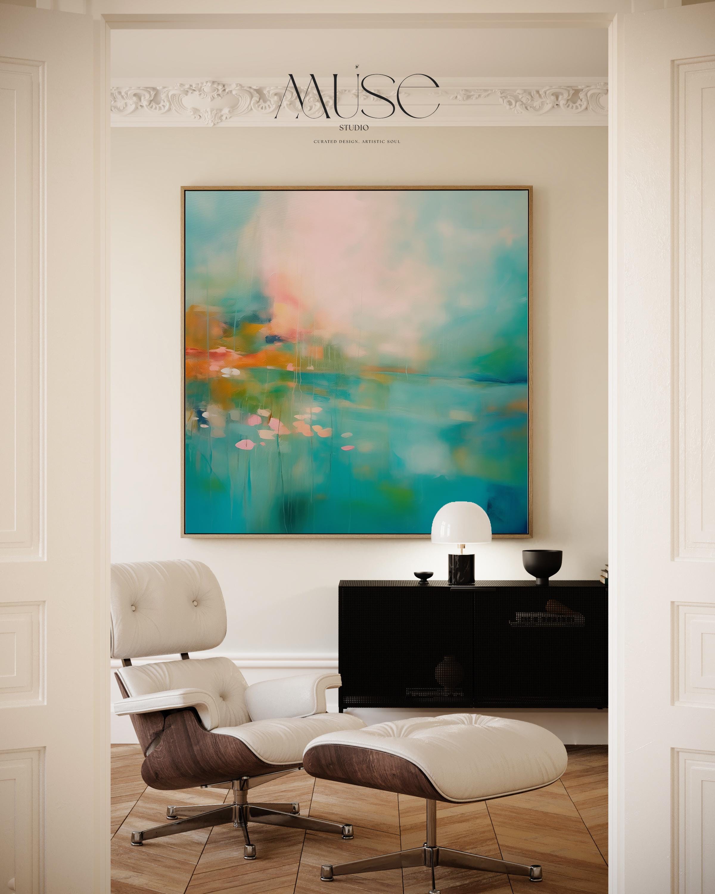 Pastel Landscape Wall Art, Square Abstract Canvas Print, Large Water Scene Decor, Soft Colorful Artwork, Framed Modern Wall Decor 366