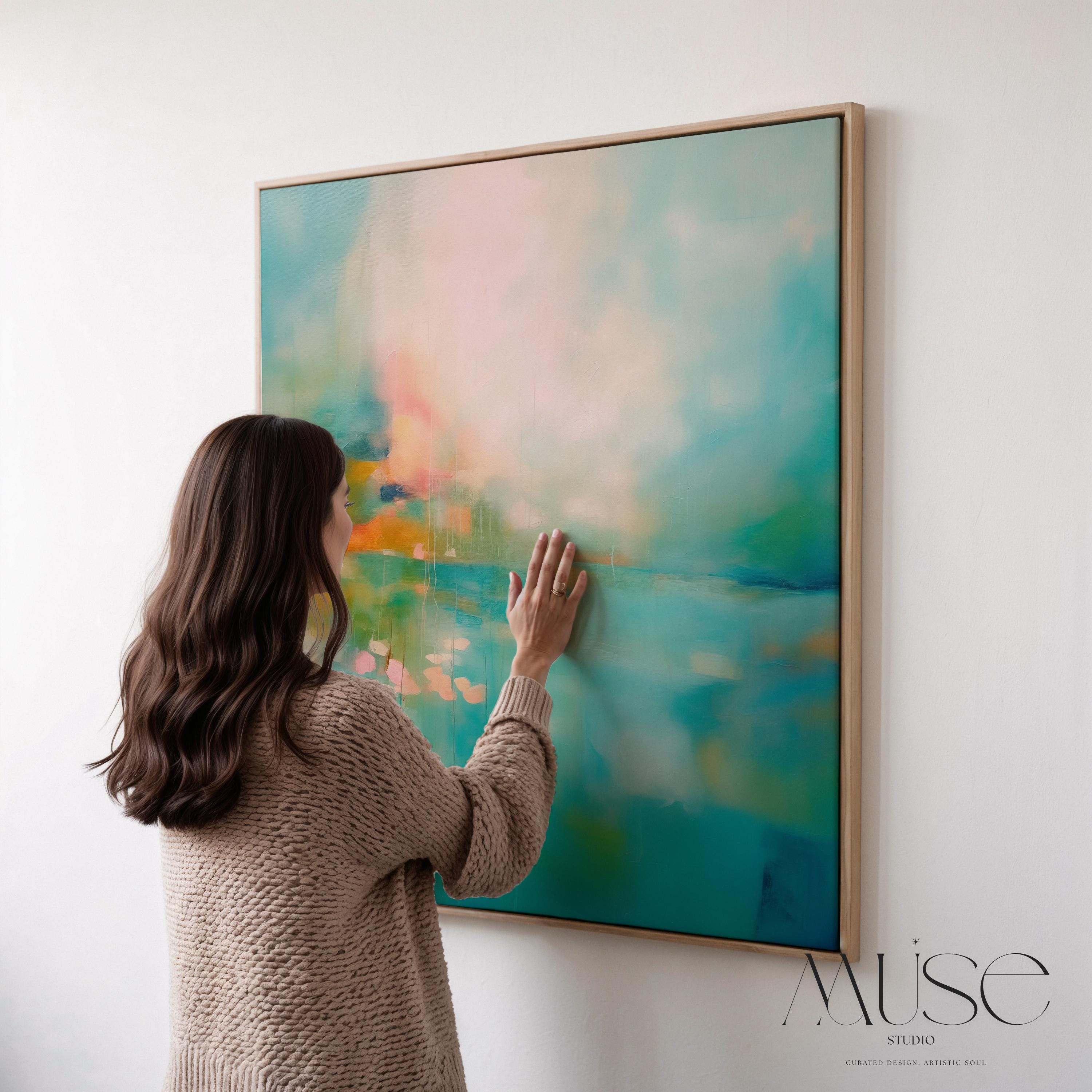 Pastel Landscape Wall Art, Square Abstract Canvas Print, Large Water Scene Decor, Soft Colorful Artwork, Framed Modern Wall Decor 366