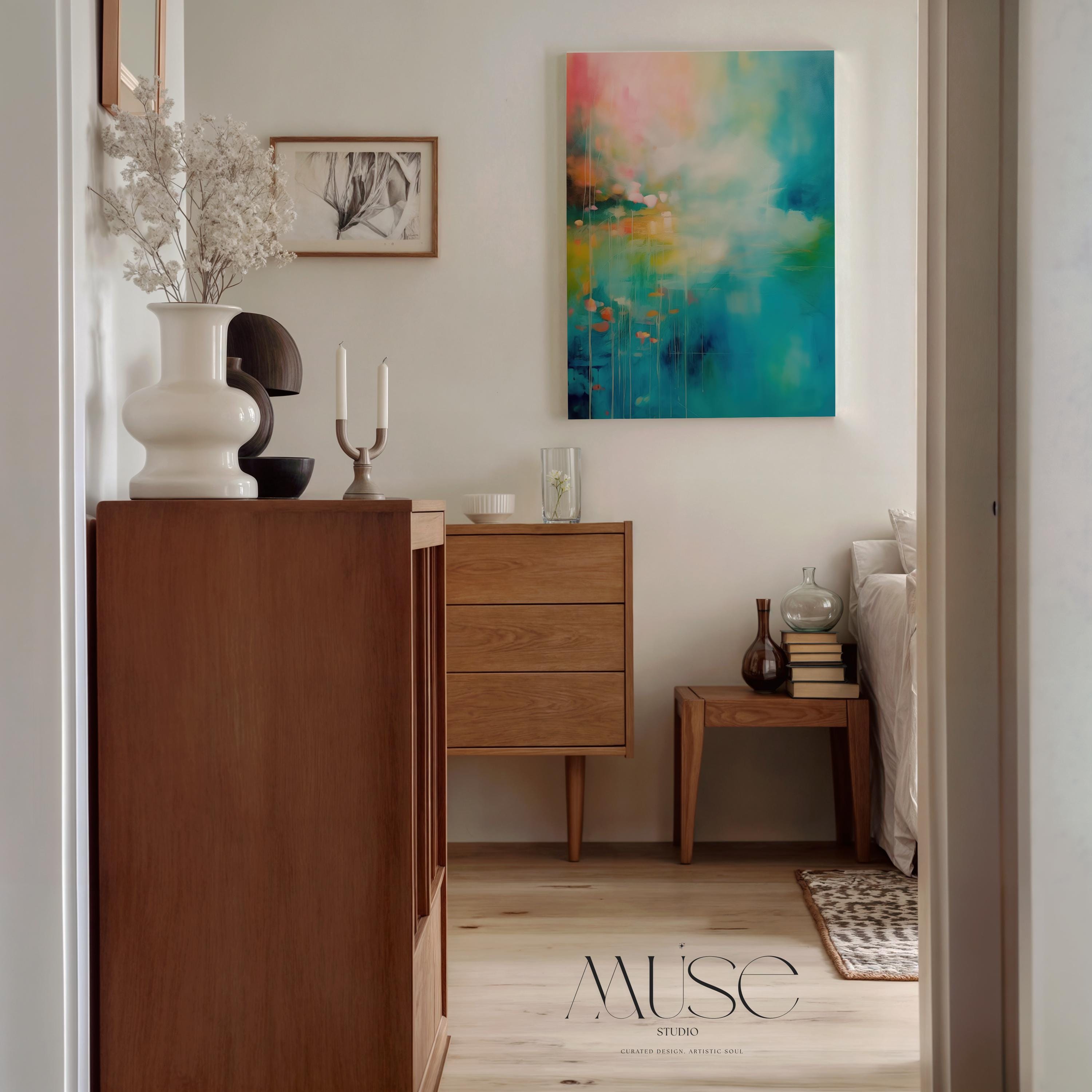 Large Colorful Abstract Canvas Statement Art | Luxury Teal and Pink Painting | Modern Contemporary Home Decor • Misty Garden No. 054