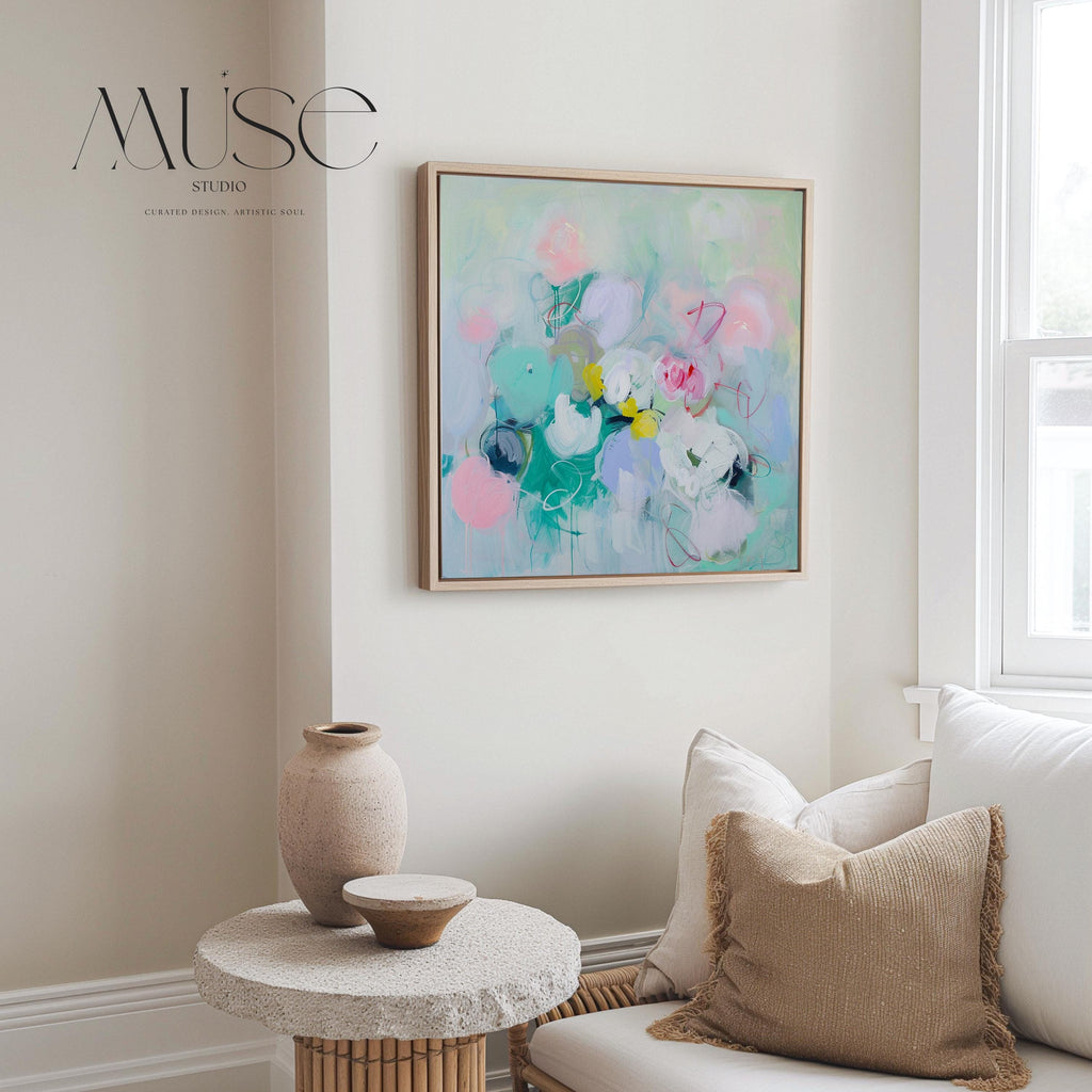 Pastel Floral Wall Art, Soft Abstract Canvas Print, Large Square Decor Art, Framed Statement Art for Living Room & Bedroom Spaces | 320