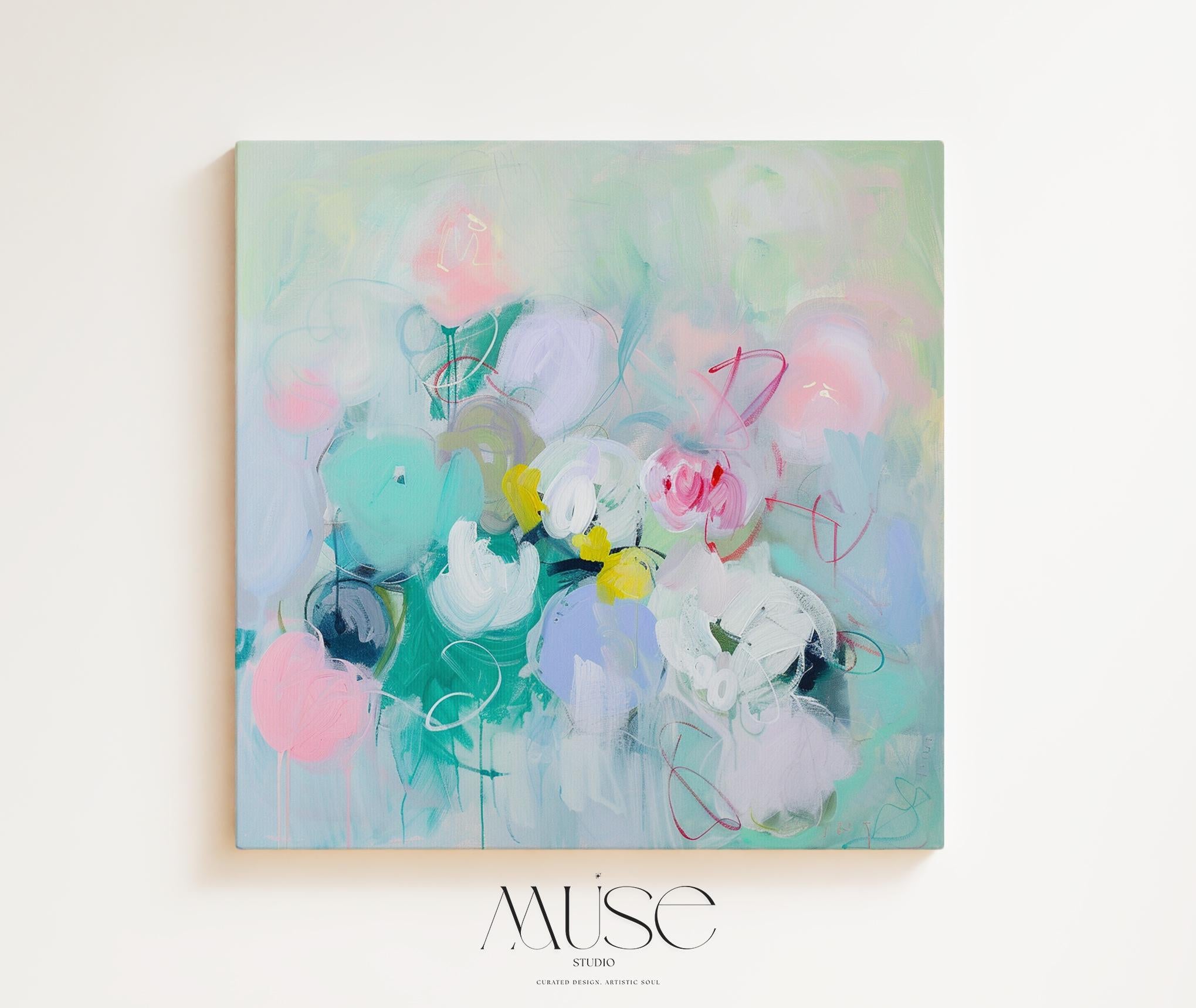 Pastel Floral Wall Art, Soft Abstract Canvas Print, Large Square Decor Art, Framed Statement Art for Living Room & Bedroom Spaces | 320