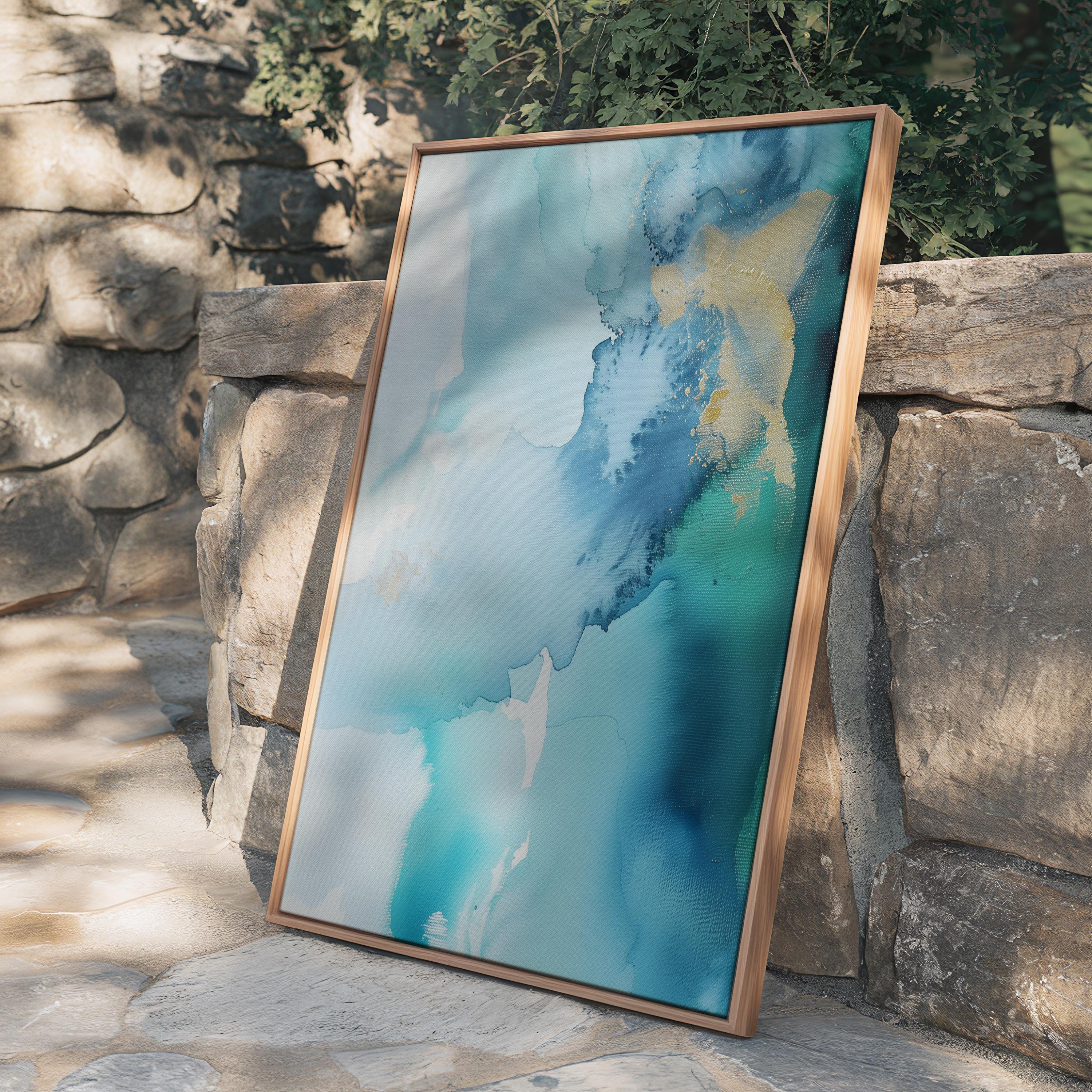 Coastal abstract canvas art by Muse Studio featuring blue, gold, and sandy neutral tones with fluid seaside-inspired movement. Premium gallery-wrapped cotton canvas printed with museum-grade giclée inks, styled for modern coastal living rooms, offices, bedrooms, and elevated neutral interiors.